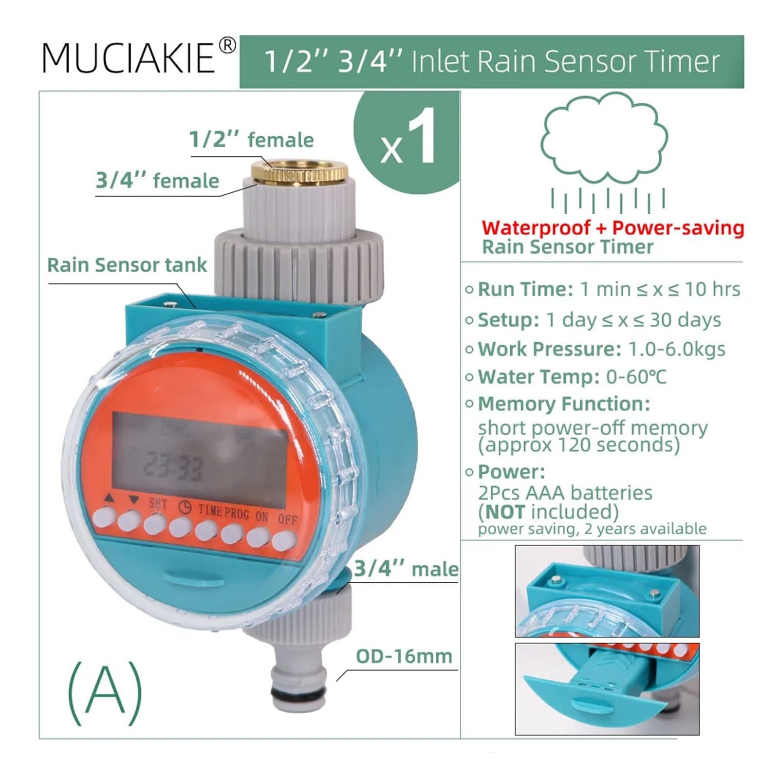 Sensore pioggia impermeabile Timer for irrigazione da giardino Risparmio energetico Regolatore di irrigazione Valvola digitale programmabile automatica(A)