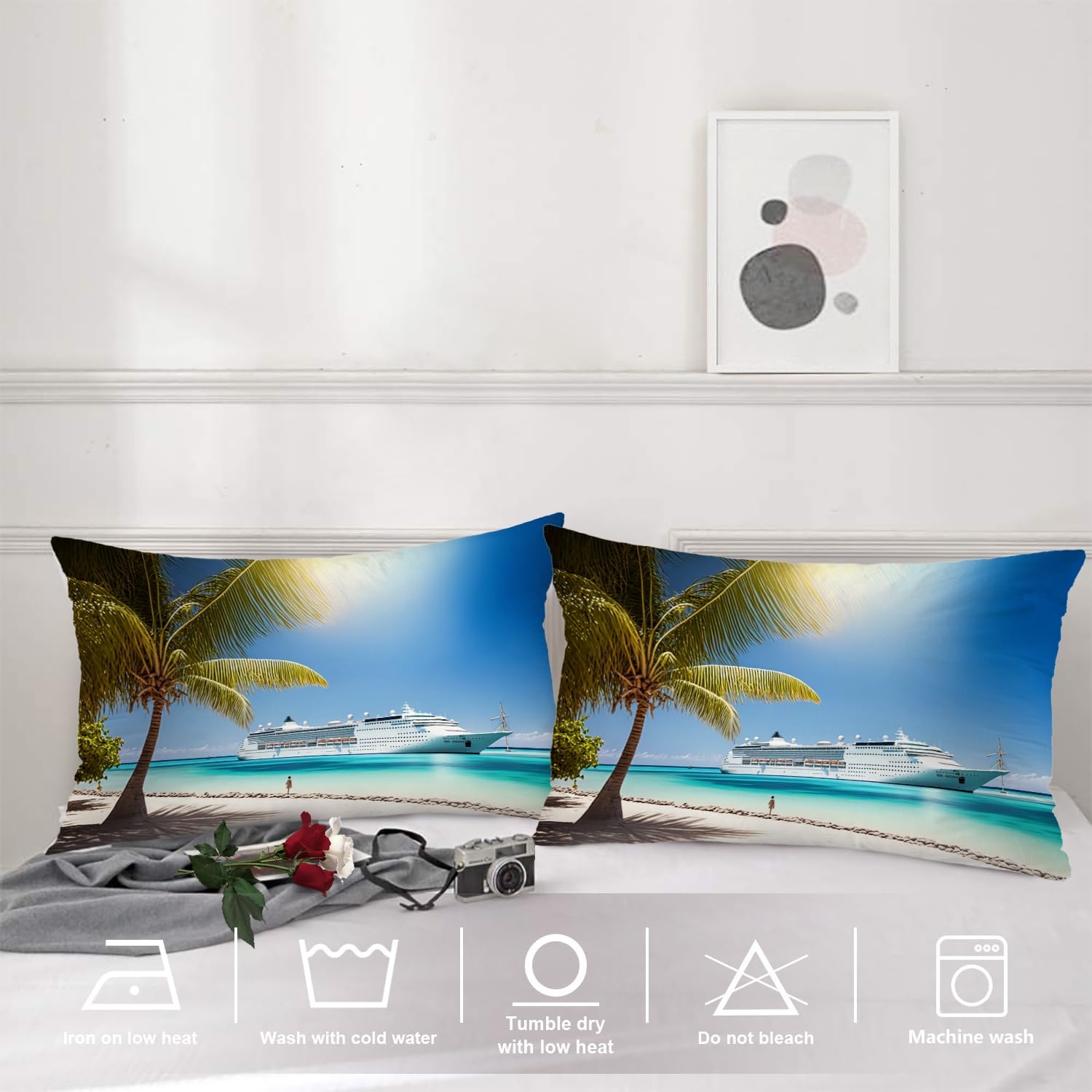Shrahala Cruise Ship Beach Pillowcases, Nature Palm Tree Blue Sky Ocean Caribbean Lumbar Pillow Cover Decorative Blended Double-Sided No Inserts for Bedroom Sofa Living Room Set of 2 (26 X 20 in)