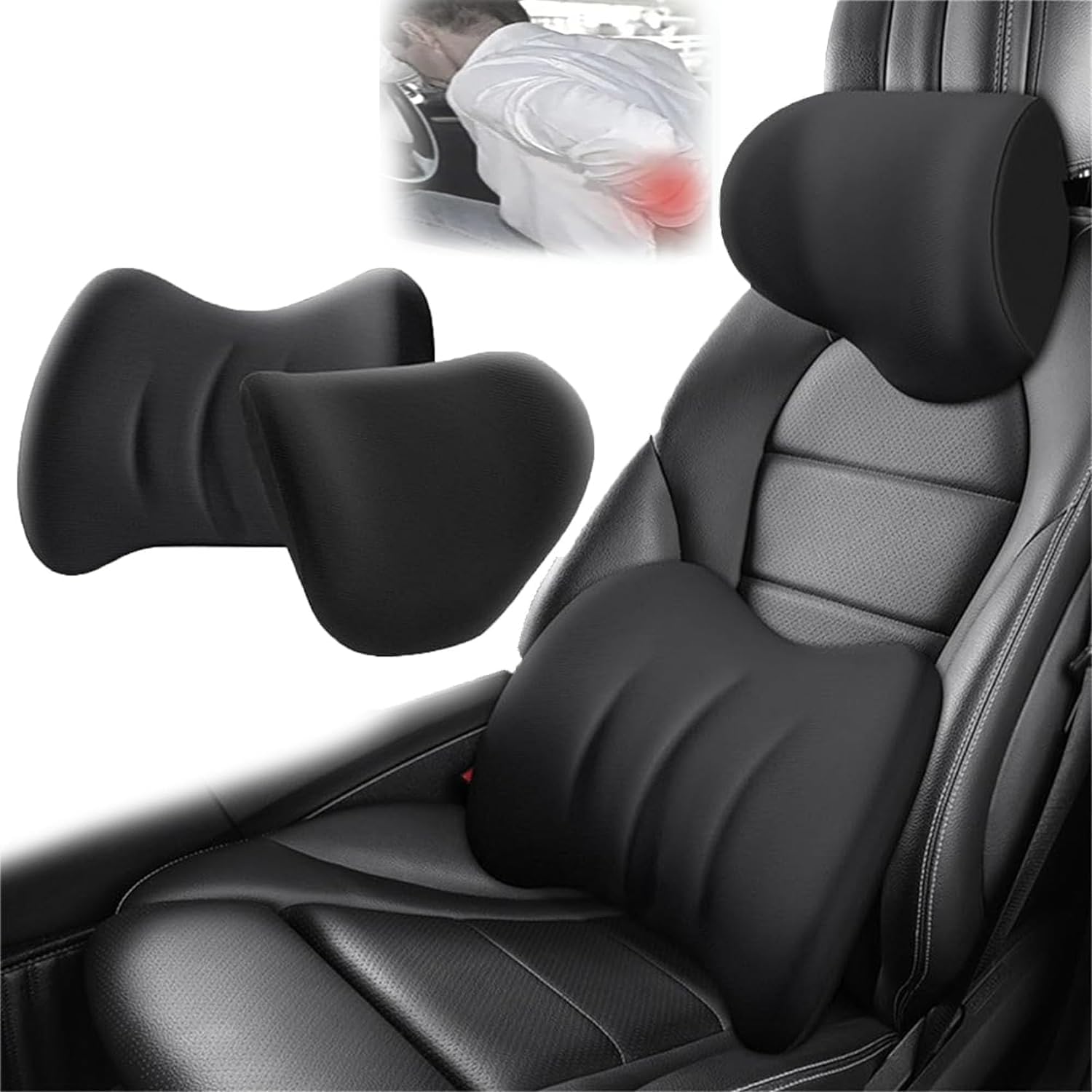 Lendenwirbelstützkissen und Auto Kopfstütze Nackenkissen Set Memory Foam Auto Kopfstütze Kissen Autositz Kopfstütze Lendenkissen für Nacken Rücken Schmerzlinderung Bürostuhl LKW Rollstuhl