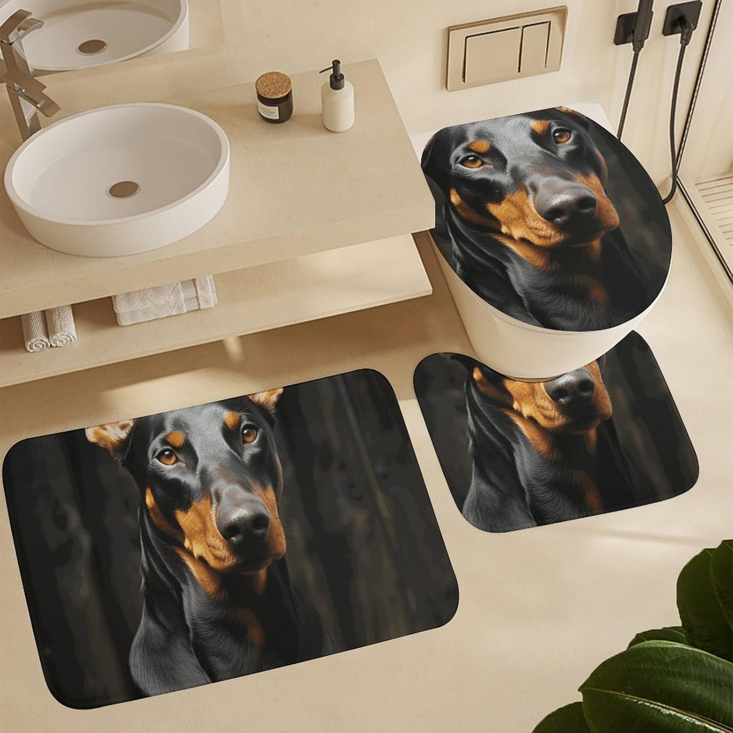 Doberman Shower Curtains Set 4 Piece with Non-Slip Rugs, Toilet Lid Cover and Bath Mat Soft Bathroom Carpet Waterproof Bathroom Curtain with 12 Hooks for Bathroom Decor