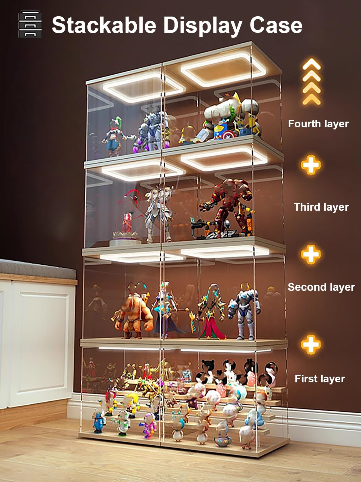 Vitrine Hohe Schmale Acrylvitrine mit Led, Klare Acrylvitrine für Sammlerstücke, Miniaturfiguren/Modellautos Staubdichte Kunststoffbox(40x40x20cm(16"x16"x8"))