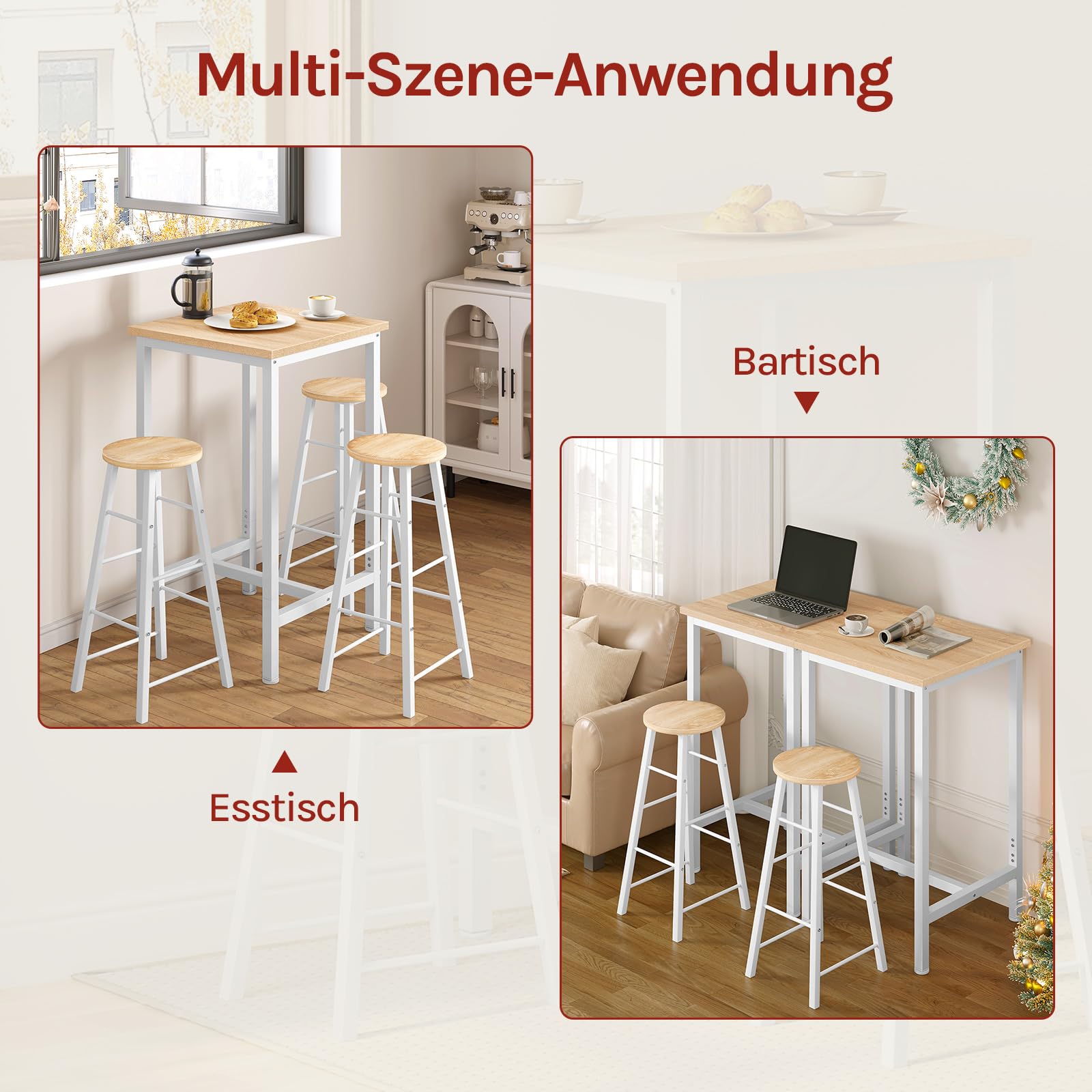 WOLTU Kleiner Bartisch 60 x 100 x 60 cm, eckiger Stehtisch platzsparend, Hochtisch aus Metall & Holz für Bar Küche Wohnzimmer, Weiß+Hell Eiche, BT34hei