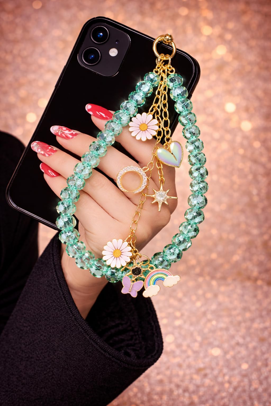 Beaded Phone Charm Strap for Mobile – Green Crystal Beads Wrist Lanyard with Cute Charms (Daisy, Heart, Rainbow, Butterfly) | Anti Drop Phone Hand Strap, Aesthetic Keychain for Girls & Women-image-19