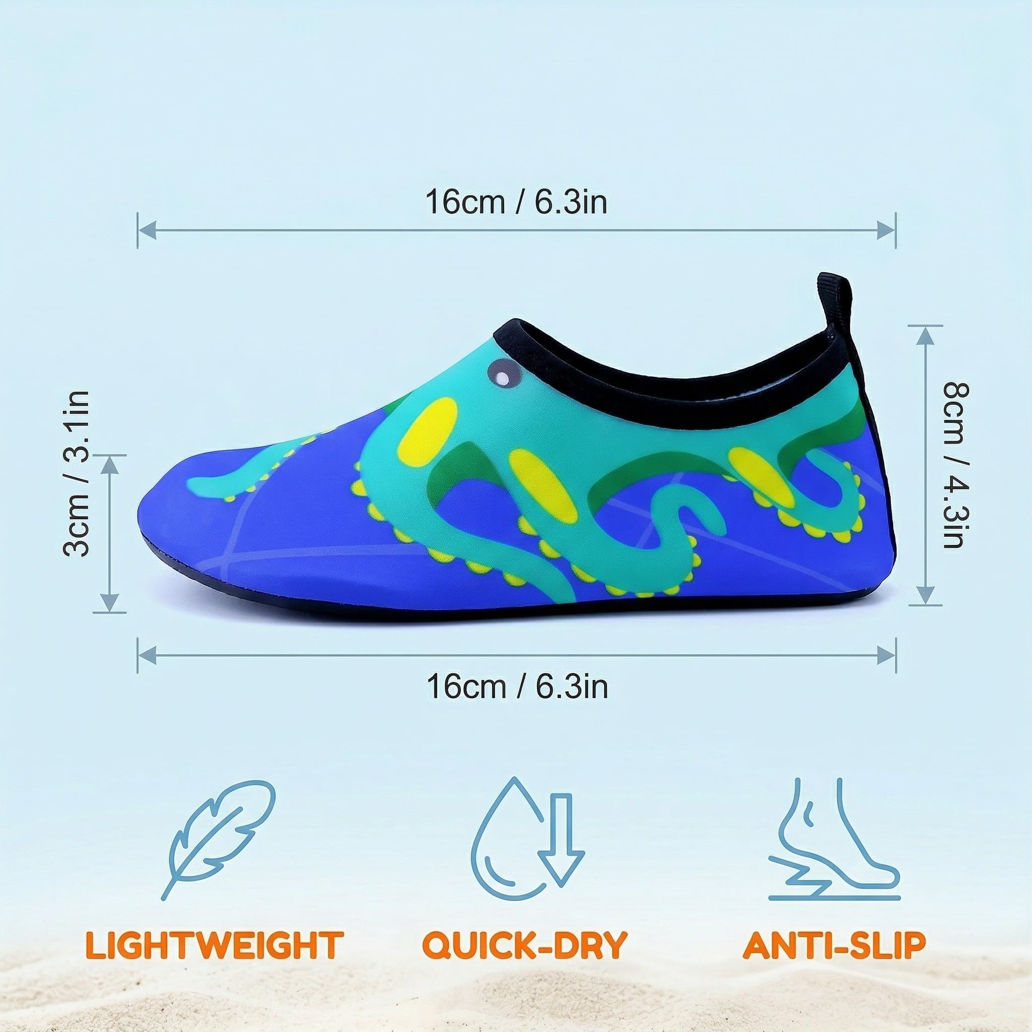 Buty kąpielowe dla dzieci, buty do wody, dla chłopców i dziewczynek, buty plażowe z wzorem ośmiornicy, szybkoschnące, antypoślizgowe, na basen, morze, plażę, niebieskie, rozm. 32-33