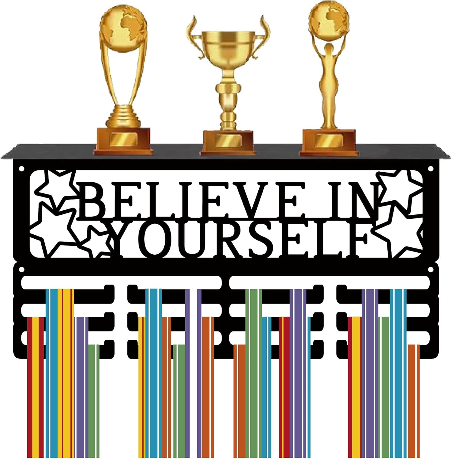 CREATCABIN Taekwondo Medal Hanger Display Trophy Shelf Medal Holder with Shelf Stand Sports 4 Rows Metal Hanging Wall Mount Frame Hold 70+ Medals for Basketball Competition Ribbon Medals 15.7x7.9Inch