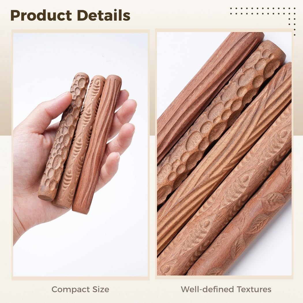 Lot de 5 rouleaux à pâtisserie en bois avec motifs de feuilles, poissons, galets et grains pour artistes