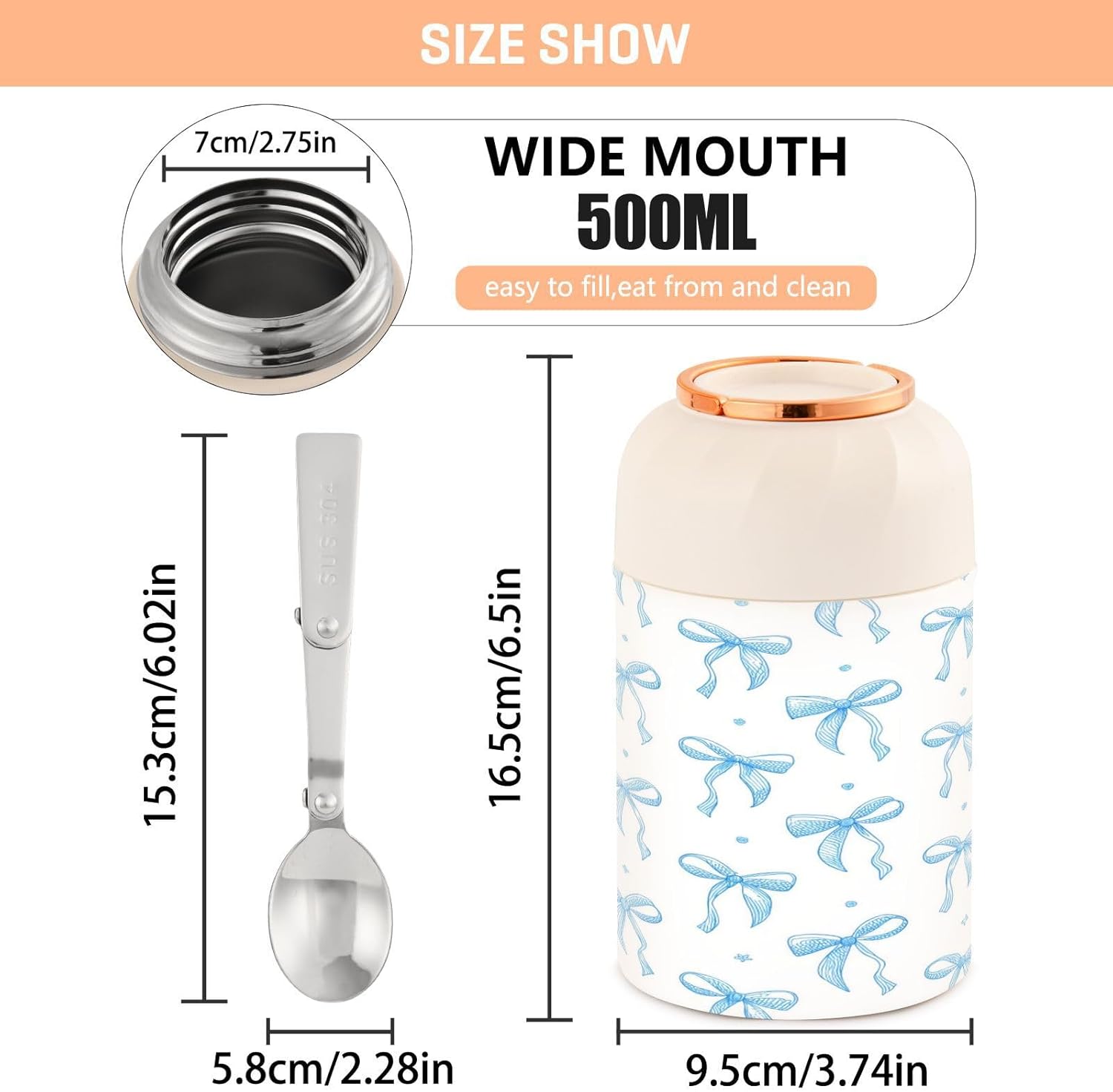 Blue Ribbon Bow Vacuum Insulated Food Jar with Spoon, 17oz Stainless Steel Hot Cold Lunch Container, Wide Mouth Leakproof Soup Thermo for Kids Adults