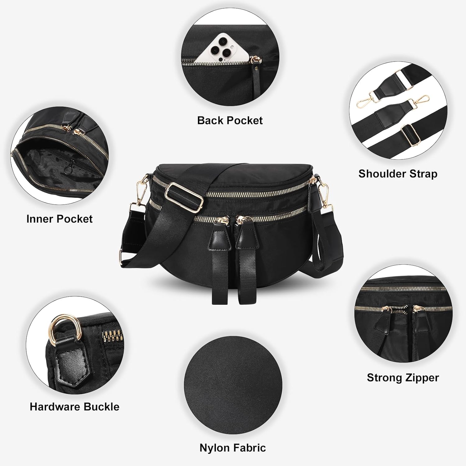 Bum Bags for Women Crossbody,Nylon Bum Bag Large Pure Color Fanny Pack Double Pockets Oversized Slouchy Belt Bag (Black) - Image 3