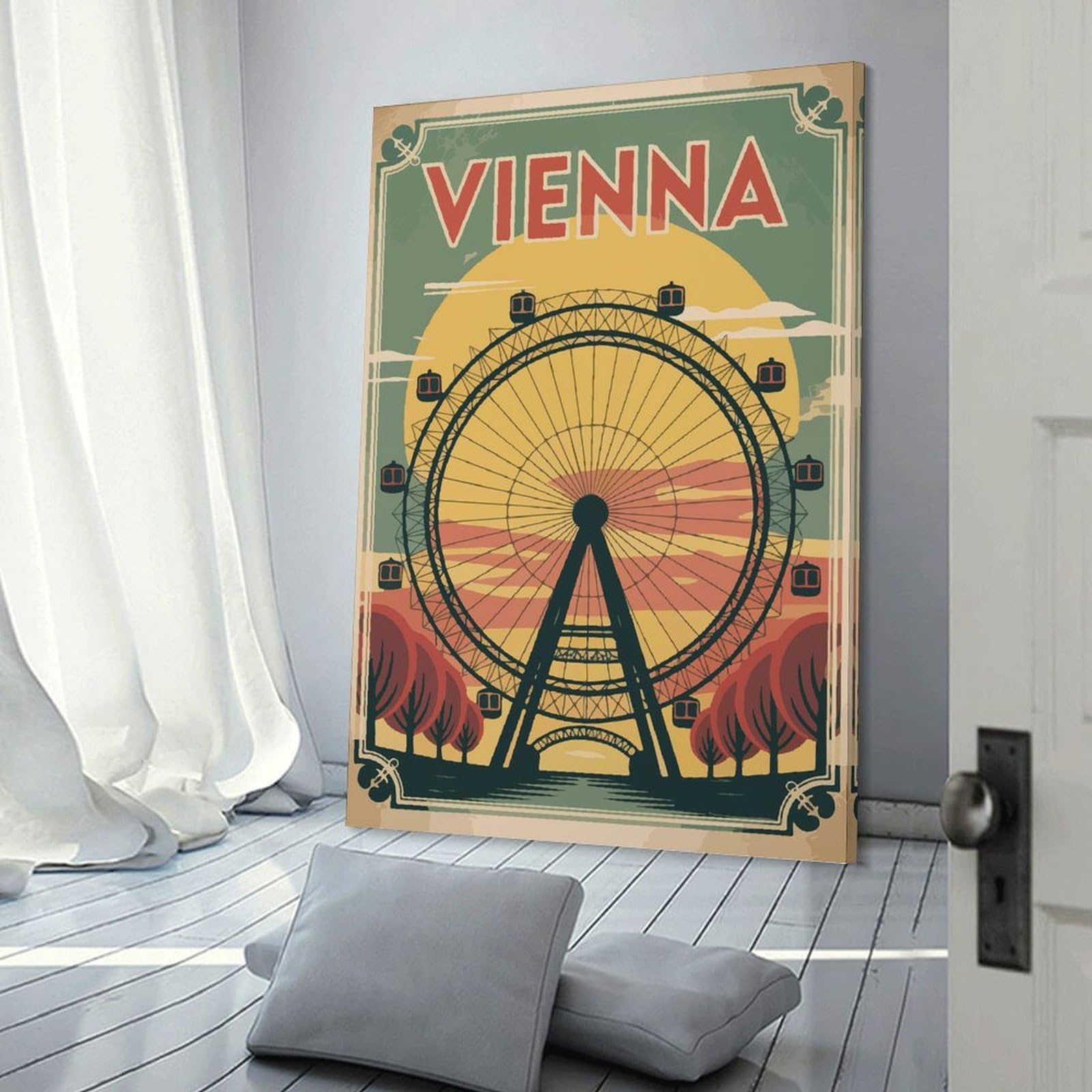 Junmoney Frame-Style-21 Vienna Ferris Wheel Poster Canvas Wall Decor, 20X30inch(50X75cm), For Apartment Walls, Studios Or Work Areas, Decorative Canvas Decor For Home Updates
