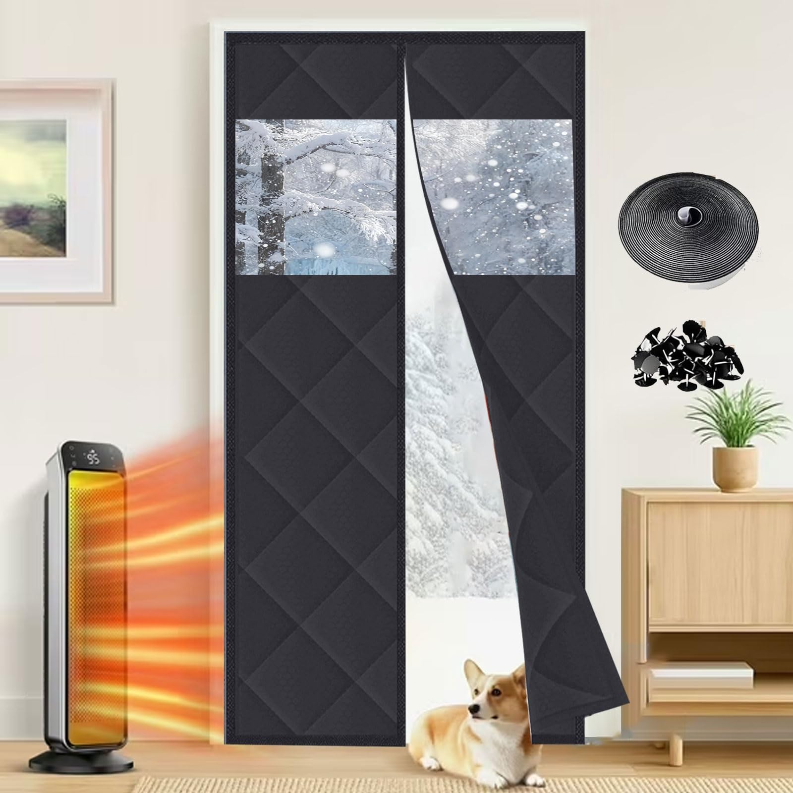 Rideau de porte magnétique isolant thermique d'hiver noir W85xH200cm