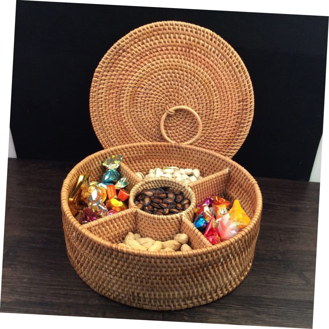 Unomor 1pc Rattan Woven Storage Basket Cookie Containers Snack Trays Cookie Platter 5 Section Rattan Basket Snack Tray with Lid Cookie Display Case Fruit Basket Container for Food Wooden