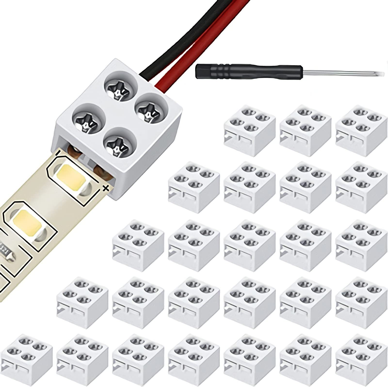 25 Pack Solderless LED Tape Light Connector 2 Pin Terminal Block Connector Screw Down LED Strip Connector 8mm Tape to Wire for 5V 12V 24V Single Color LED Strip Lights, White, Screwdriver Included