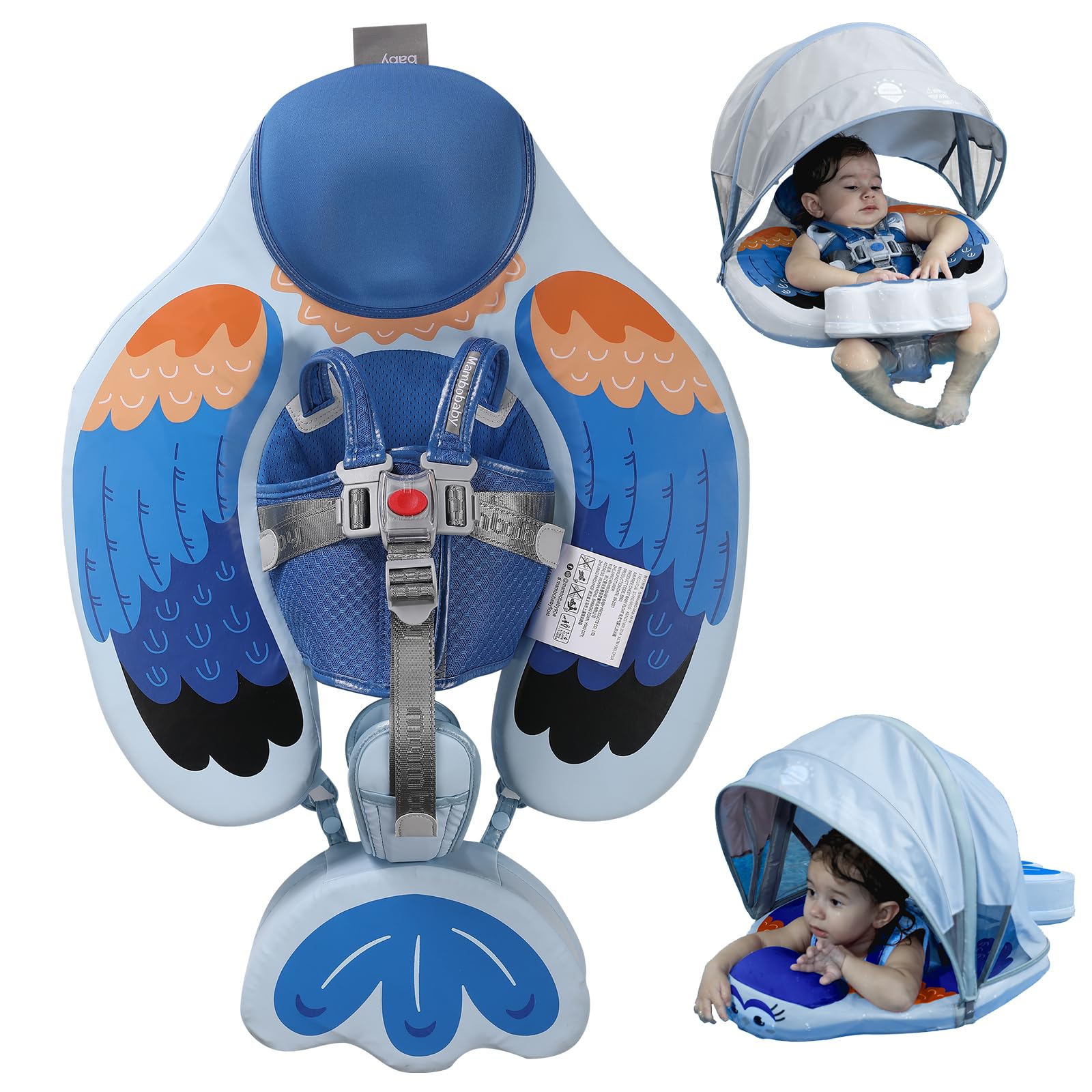 Baby Pool Float with UPF50+ 3D Adjustable Canopy, Add Tail Mambobaby Float Non Inflatable Infant Floats for Pool, Cartoon Narwhal Baby Floats (Bird Blue-48CMLUROHML01)