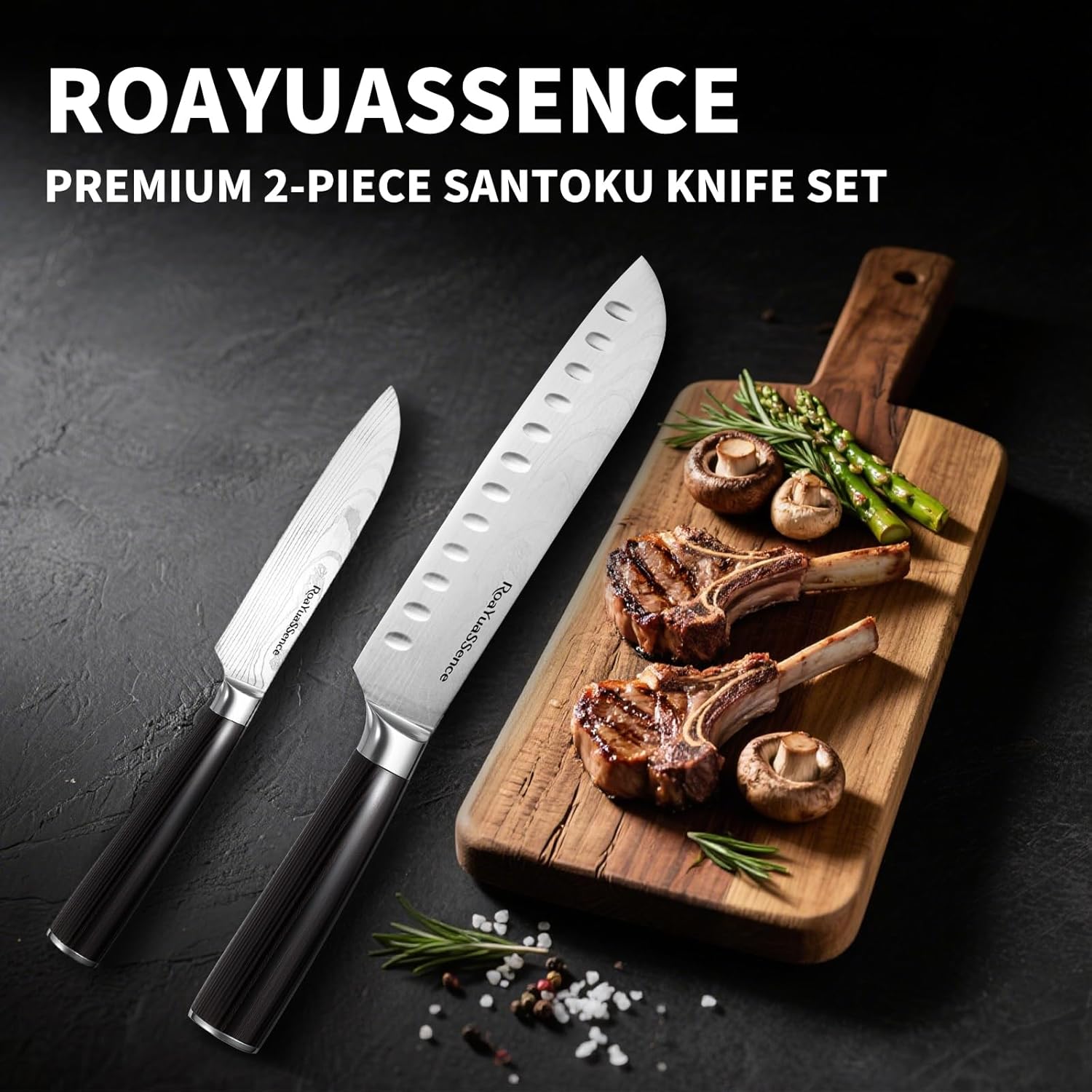 Premium 2-Piece Santoku Knife Set - 7" & 5" Japanese Style High-carbon Stainless Steel, Wood Handle - Ultimate Vegetable & Meat Prep Kit - Gift Box Included