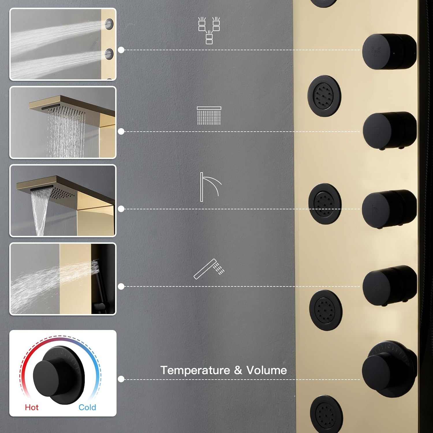 BWE Rainfall Waterfall Shower Panel Tower System Stainless Steel Bathroom Shower Panel with 5 Massage Body Jets Sprays and Handheld Shower,Polished Gold and Black