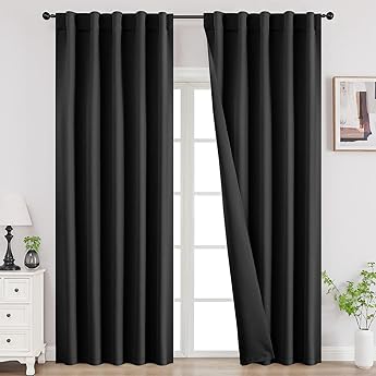 RYB HOME Extra Long Curtains 108 inches Length, Blackout Curtains for Living Room Noise Dampening Privacy Dividers Picture Window Drapes for Dining Room, Black, W52 x L 108 inches, 2 Pieces