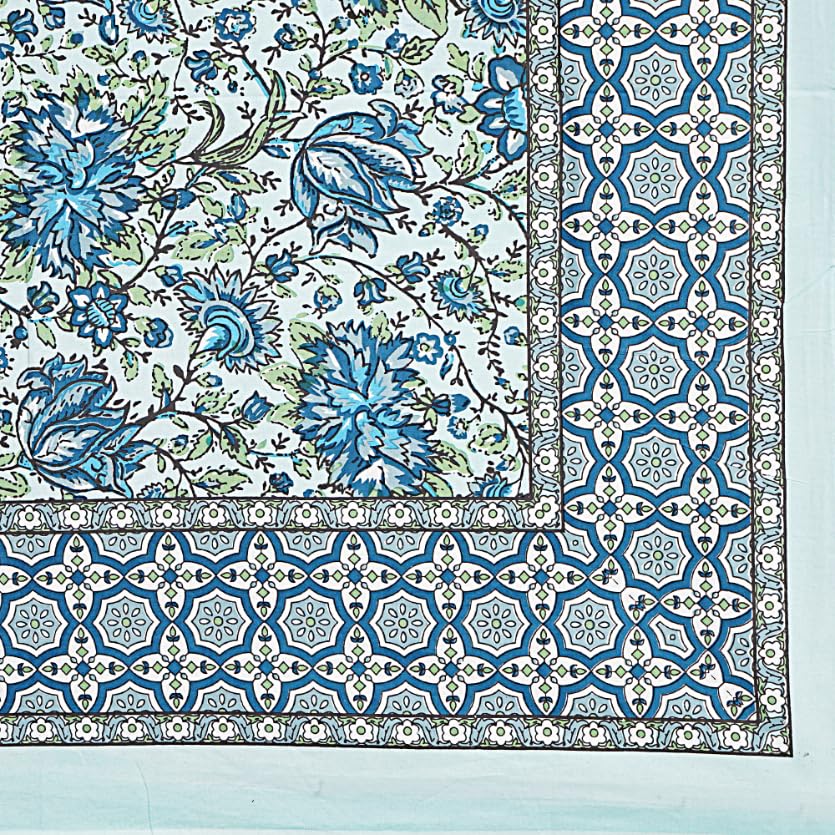 Image of Living Roots Jaipuri Hand Block Print Double Cotton Bedsheet & 2 Pillow Covers, for Mattress Upto 8 inches Thick, No Colour Bleeding, Blue Colour, Super King Size 96 * 104 inches, 150TC (580-C)
