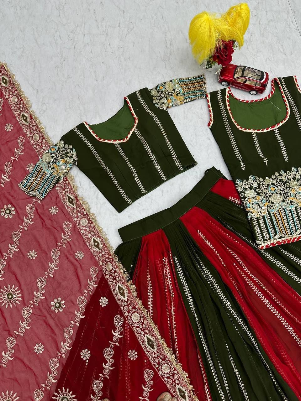 JIYAN Traditional Rajasthani Lehenga Choli Set, Red and Green, Embroidered Dupatta, Festive Wear