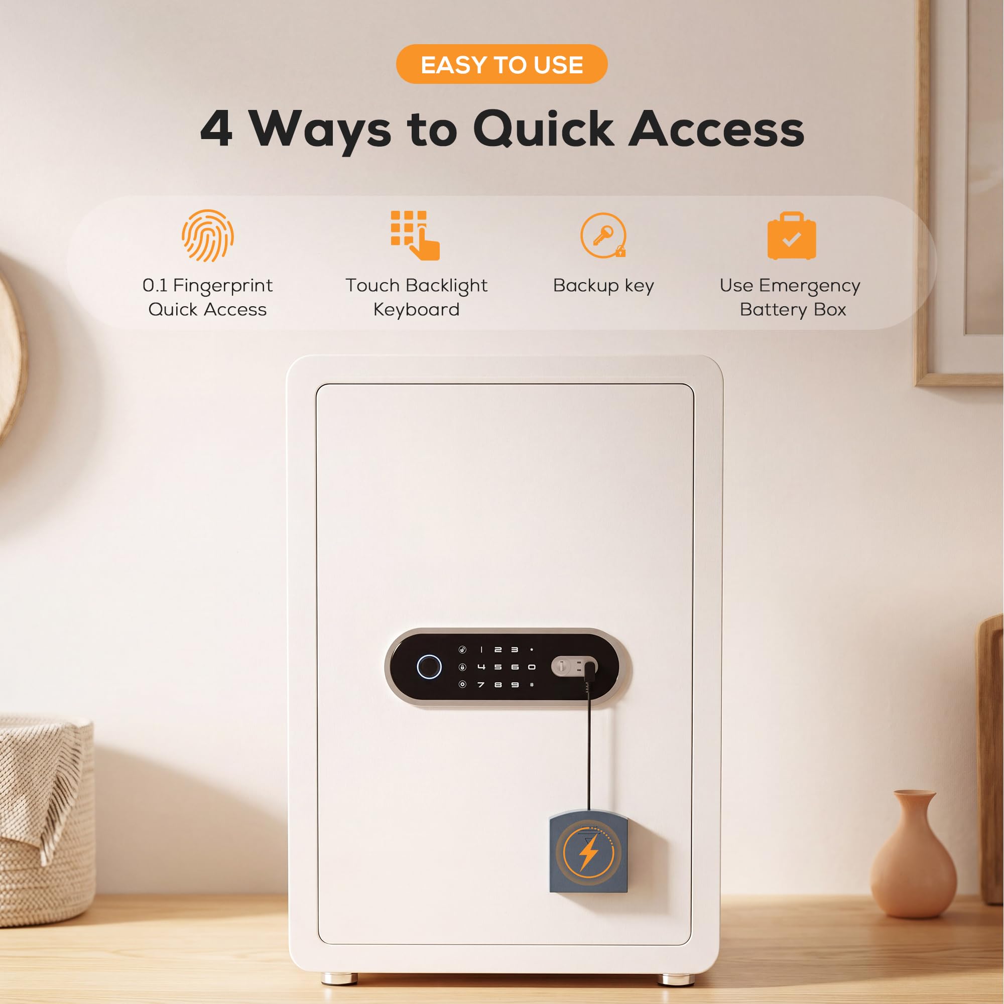 2.0 Cub Biometrischer Safe mit automatischem Öffnen von Fingerabdrucken, mit digitalem Touchscreen-Schloss, Dual-Alarm, Sicherheits-Wandhalterung, Schloss, Schmuck und Wertsachen, Weiß