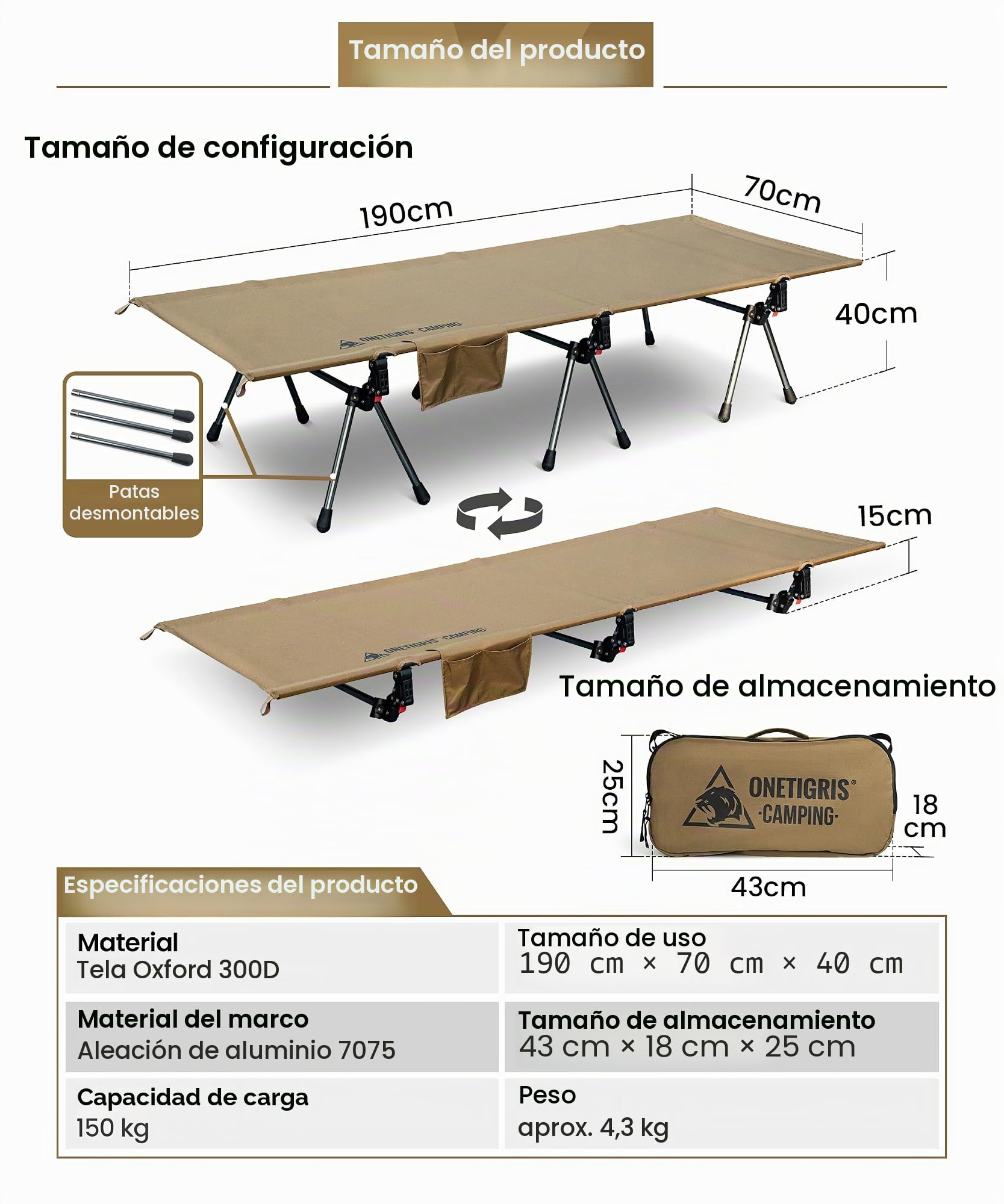 OneTigris SUPRANUBIS - Tumbona plegable para camping, 190 x 70 cm, portátil, plegable, ligera, hasta 150 kg, para tienda de campaña, exteriores, viajes, jardín, oficina (coyote)