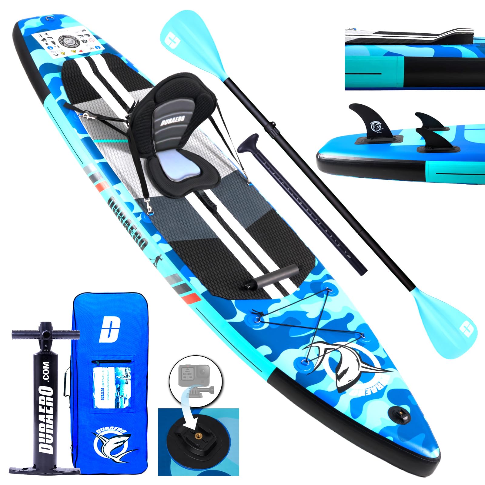 Stand up Paddling Board Aufblasbare, Kajak Sitz,330x76x15cm, Tragkraft bis 150Kg, Cam Halterung,Integrierte Kick-Pad, 3 Finnen, Verstellbares Doppel-Paddel, Komplettes Zubehör, Blaues Camouflage