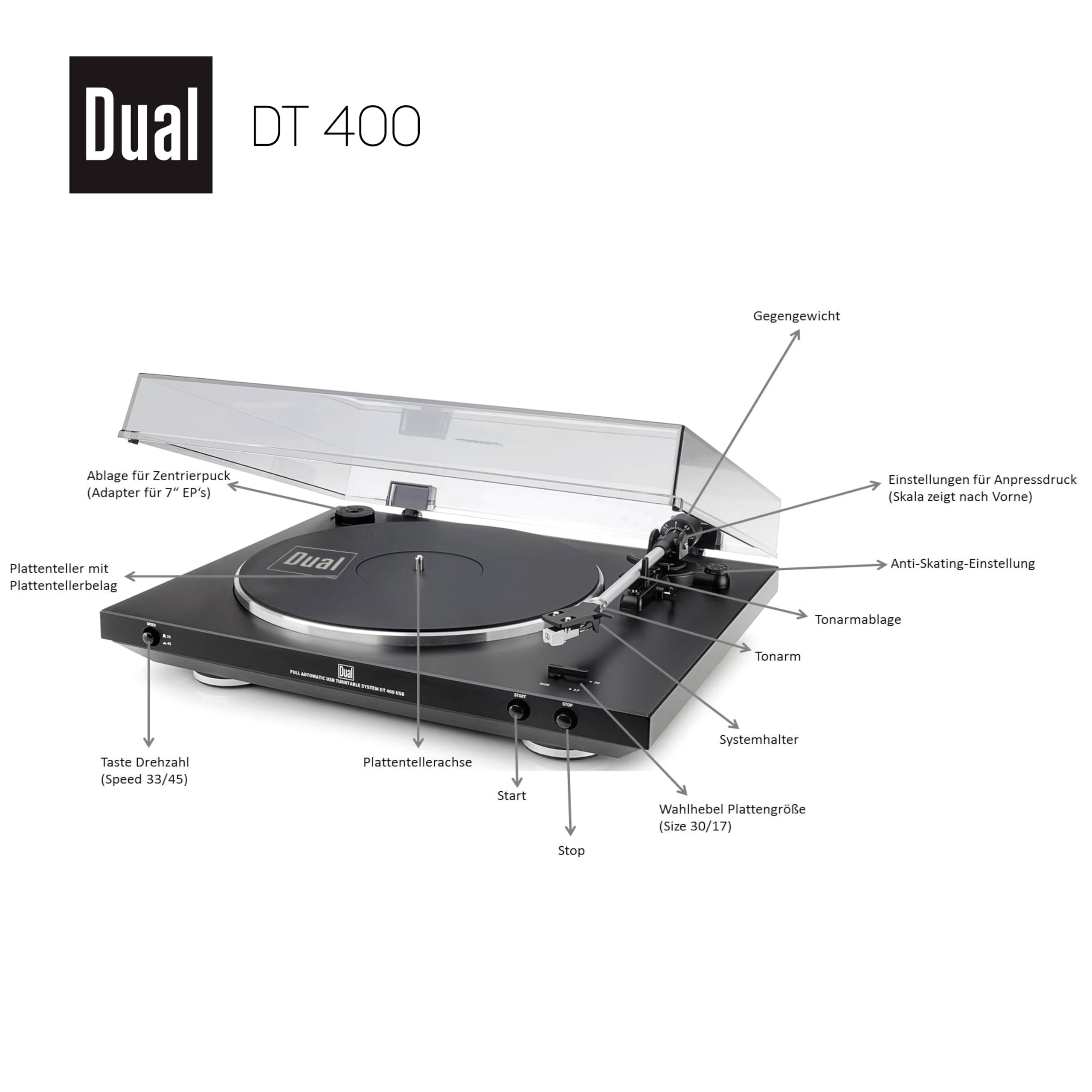 Dual DT 400 USB Vollautomatik Plattenspieler (33/45 U/min, Magnet-Tonabnehmer-System, USB-Anschluss, Entzerrer-Vorverstärker) schwarz