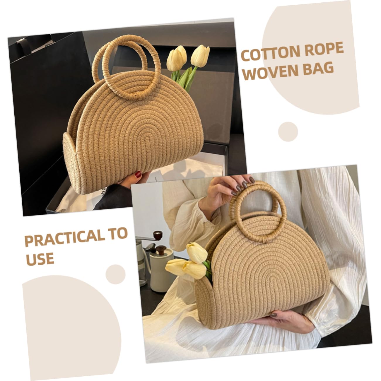 IMIKEYA Borsa Intrecciata in Corda di Cotone Khaki Portatile per l'Estate Grande Capacità e Design Rustico per Mare