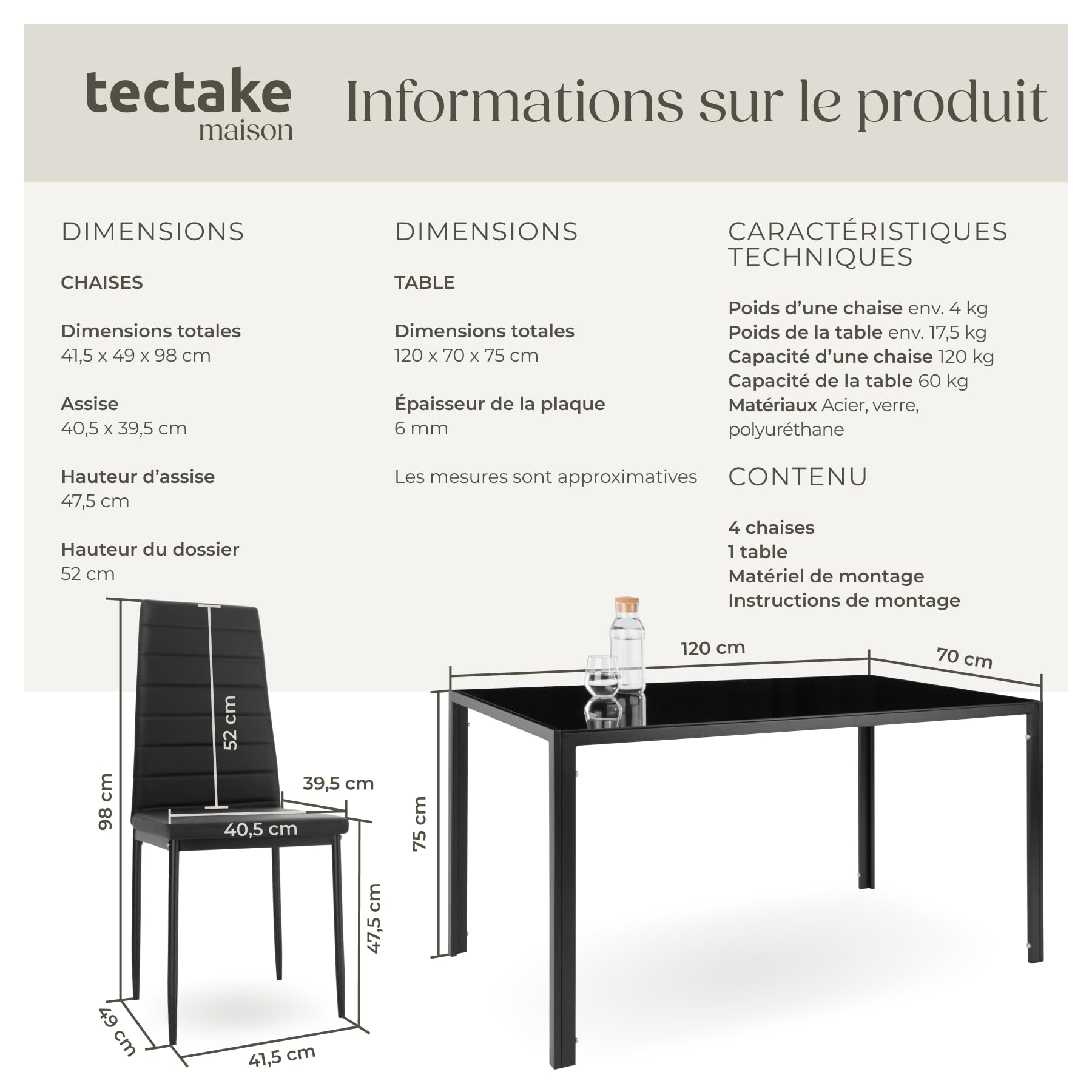 tectake Ensemble Table Salle à Manger avec 4 Chaises Design, Chaise Confortable en Cuir synthtétique, Table rectangulaire Robuste avec Plateau en Verre trempé - Noir