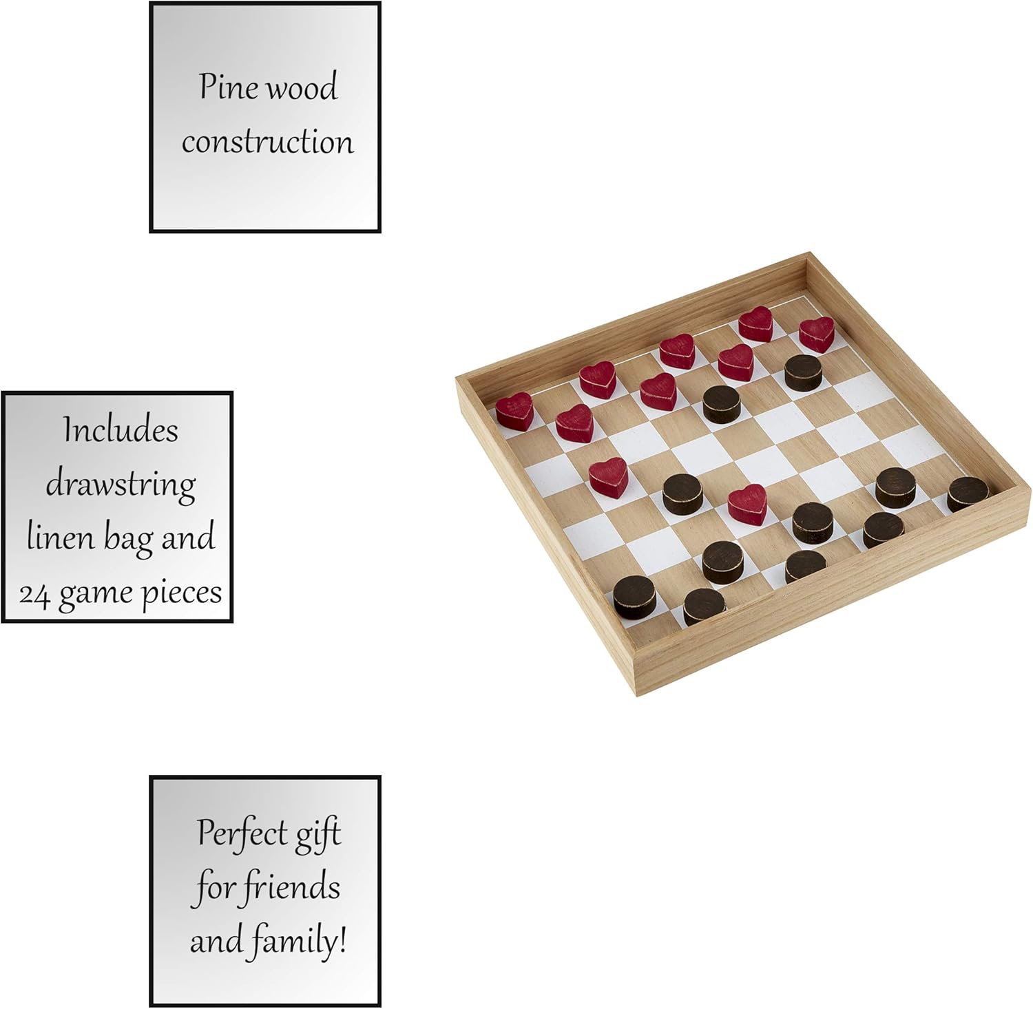 Creative Brands Games - Wooden Tabletop Game for Home Entertainment or Family Game Night Wooden Game Set by The Heartfelt Collection, 13.5 x 13.5-Inch, Checkers