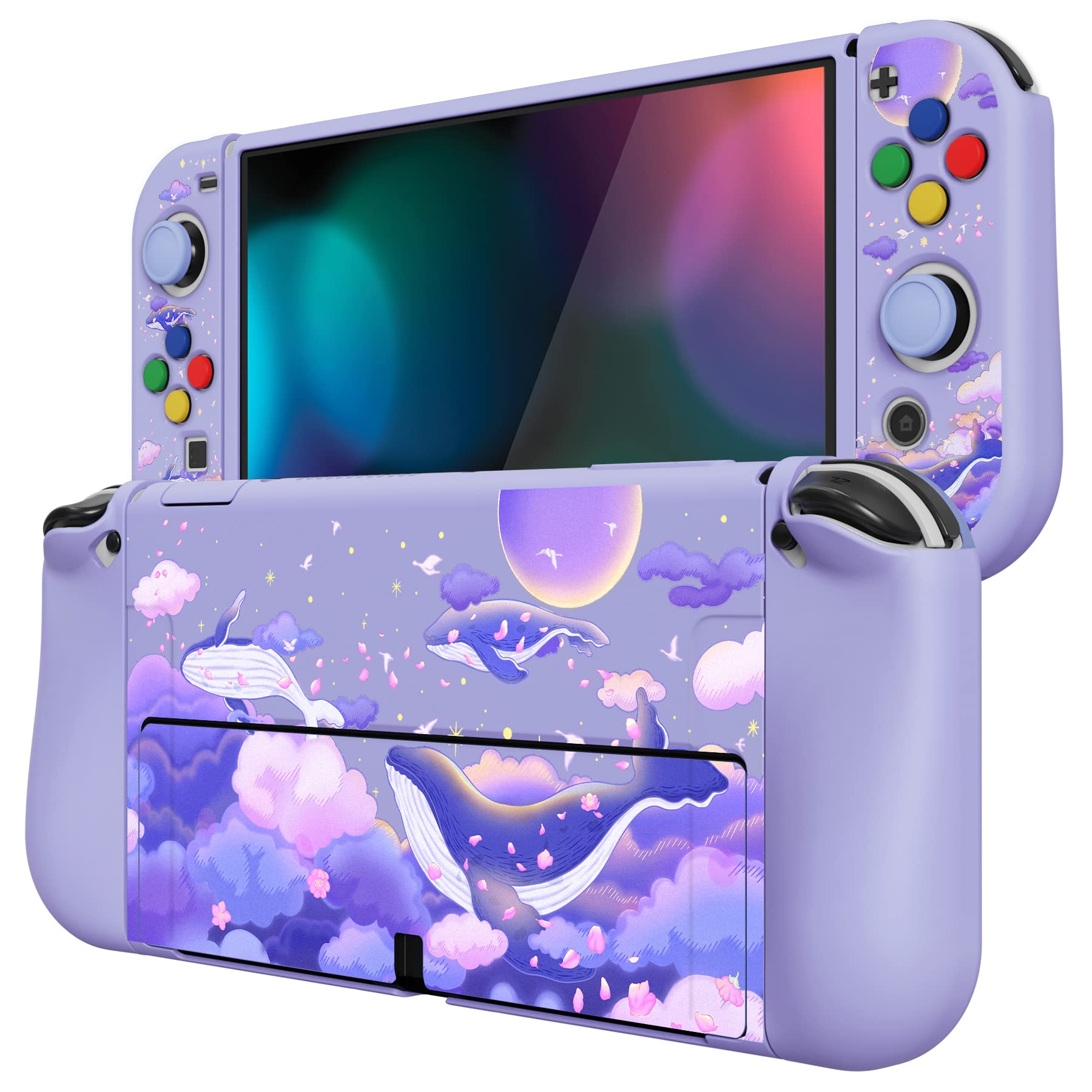 PlayVital ZealProtect Coque de Protection Souple pour Nintendo Switch OLED, Coque de Protection Flexible Joycon pour Nintendo Switch OLED avec Capuchons pour Pouce et Boutons ABXY Direction – Baleine