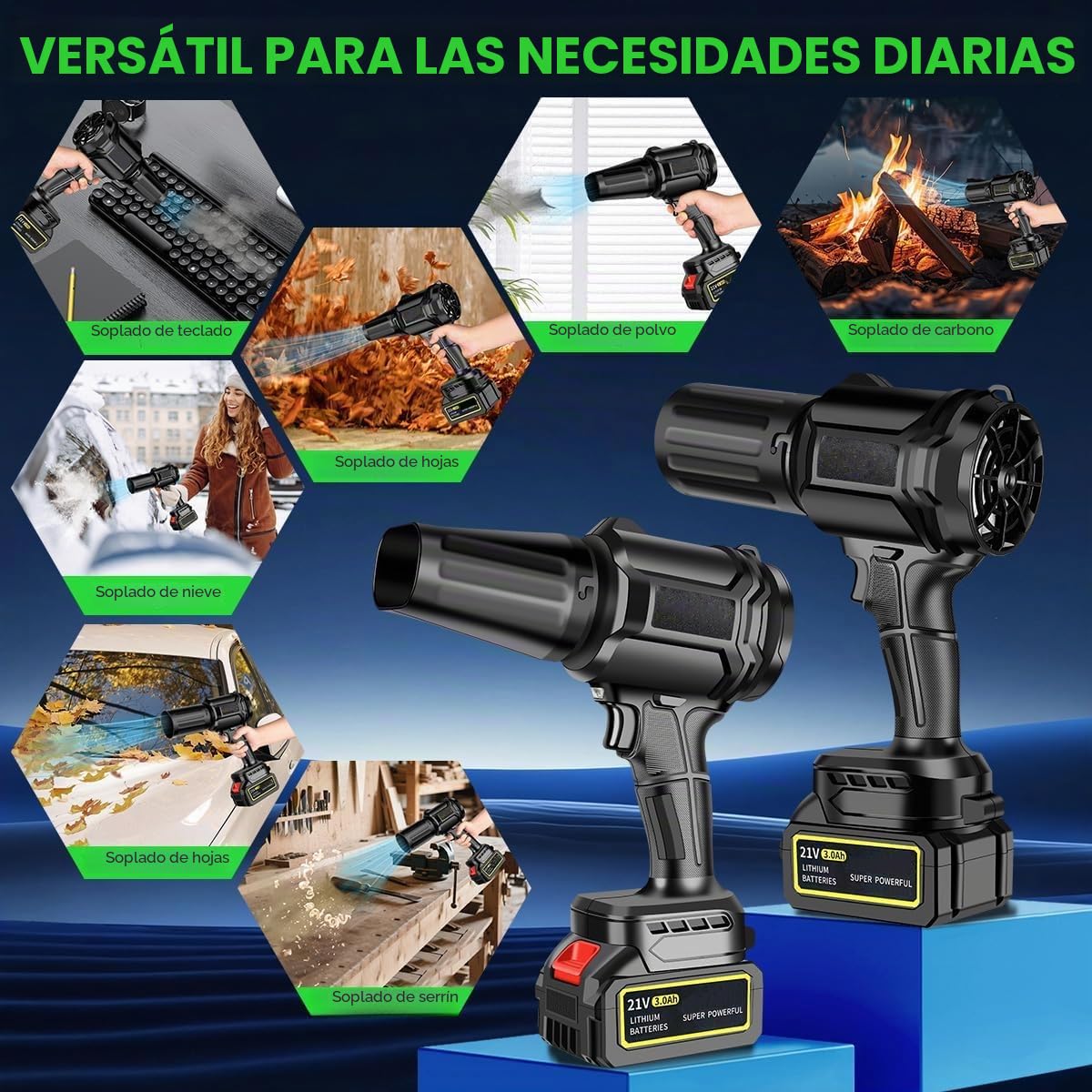 Soplador de hojas inalámbrico, 300000 RPM,2 baterías de 3,0 Ah y cargador incluidos, 30 m/s, flujo de aire turbo, sin escobillas, ligero y portátil para jardín, patio, coche y camping (Nero)