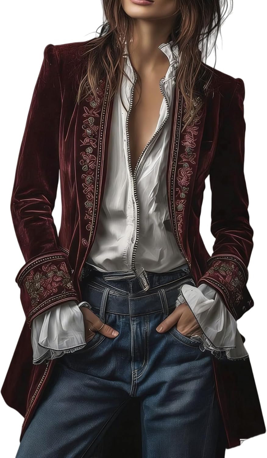 Velvet Jacket Women Vintage Embroidered Long Sleeve Tops Open Front Gothic Coat, Retro Solid Color Women Winter