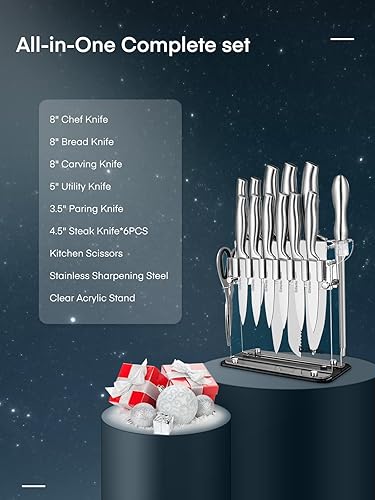 Miniatura 9 de D.Perlla Juego de cuchillos de cocina de 14 piezas con soporte para cuchillos de acrílico transparente, cuchillo de chef súper afilado de acero