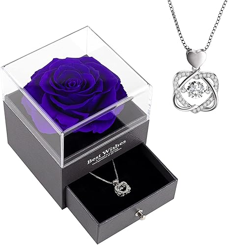 Rosa real preservada con collar. Rosa eterna para mamá, esposa, novia, hermana, ideas para mujeres en el día de la madre, cumpleaños, aniversario,