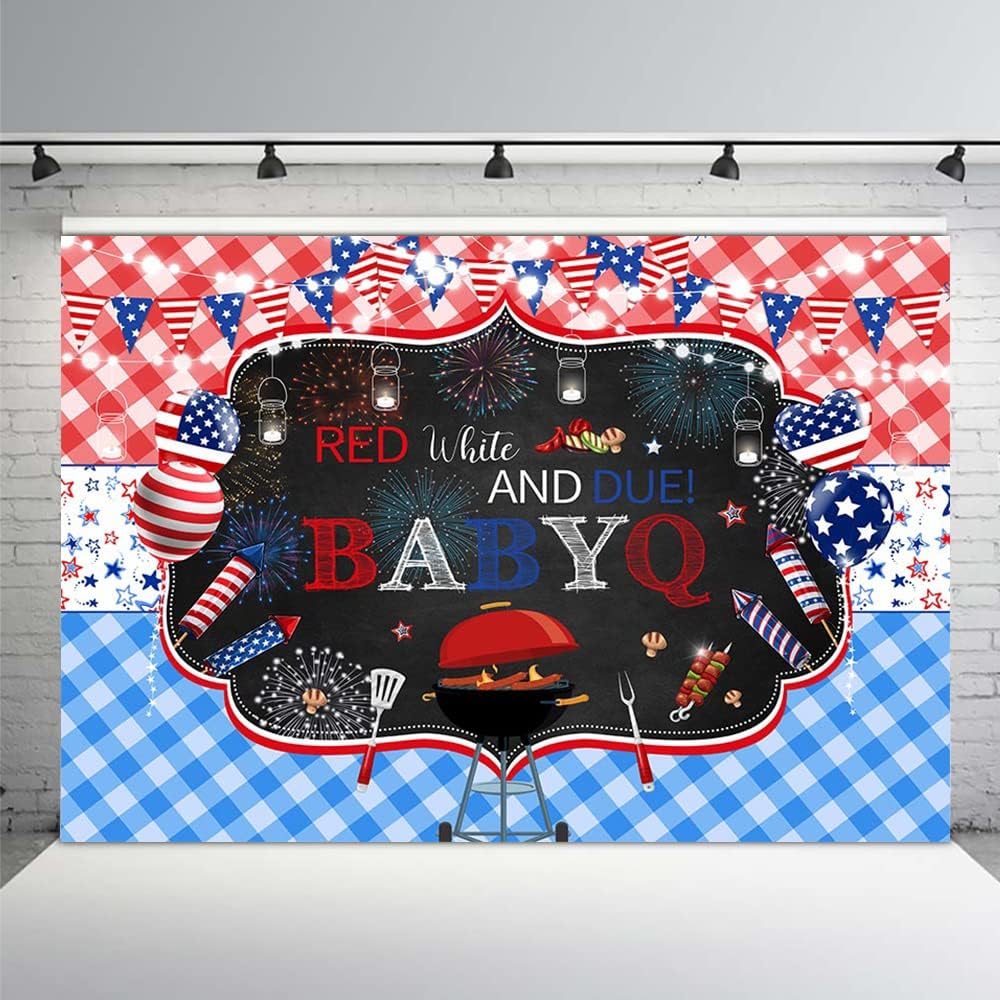 MEHOFOND Red White and Due BBQ Theme Backdrop Boy Girl 4th of July Baby Shower Background Little Firecracker Babyq Patriotic Independence Day Pregnancy Party Supplies Decorations Banner 10x7ft