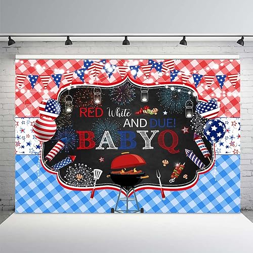 MEHOFOND Telón de fondo con temática de barbacoa rojo blanco y debido para niño y niña, 4 de julio, baby shower, petardo, Babyq, patriótico, Día de