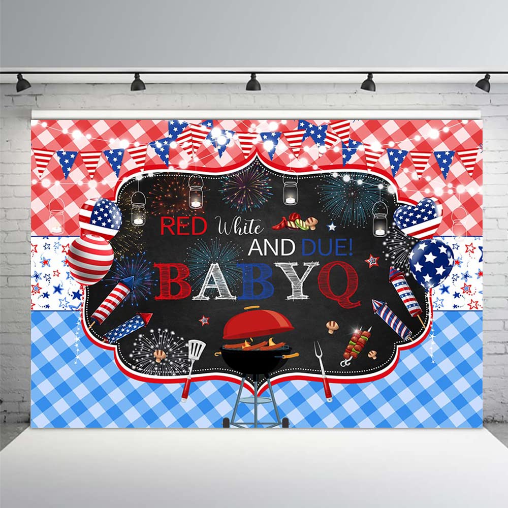 MEHOFOND Red White and Due BBQ Theme Backdrop Boy Girl 4th of July Baby Shower Background Little Firecracker Babyq Patriotic Independence Day