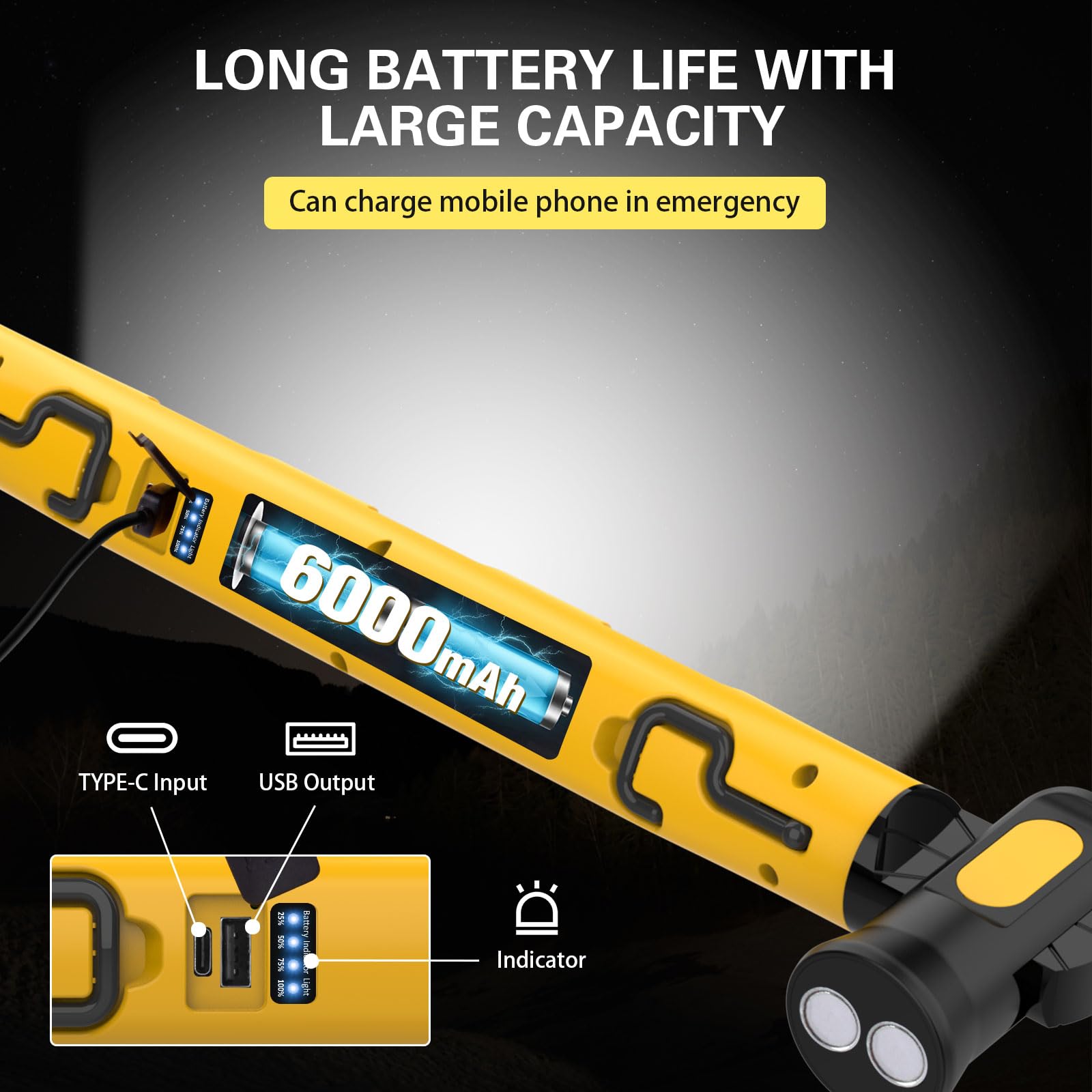 ERAY Akumulatorowa lampa robocza pod maską 3000 lm, lampa inspekcyjna 6000 mAh, 3 tryby kolorów, regulacja 360°, wyjście USB, wodoodporność IP55, przenośna magnetyczna lampa pod maskę, do garażu