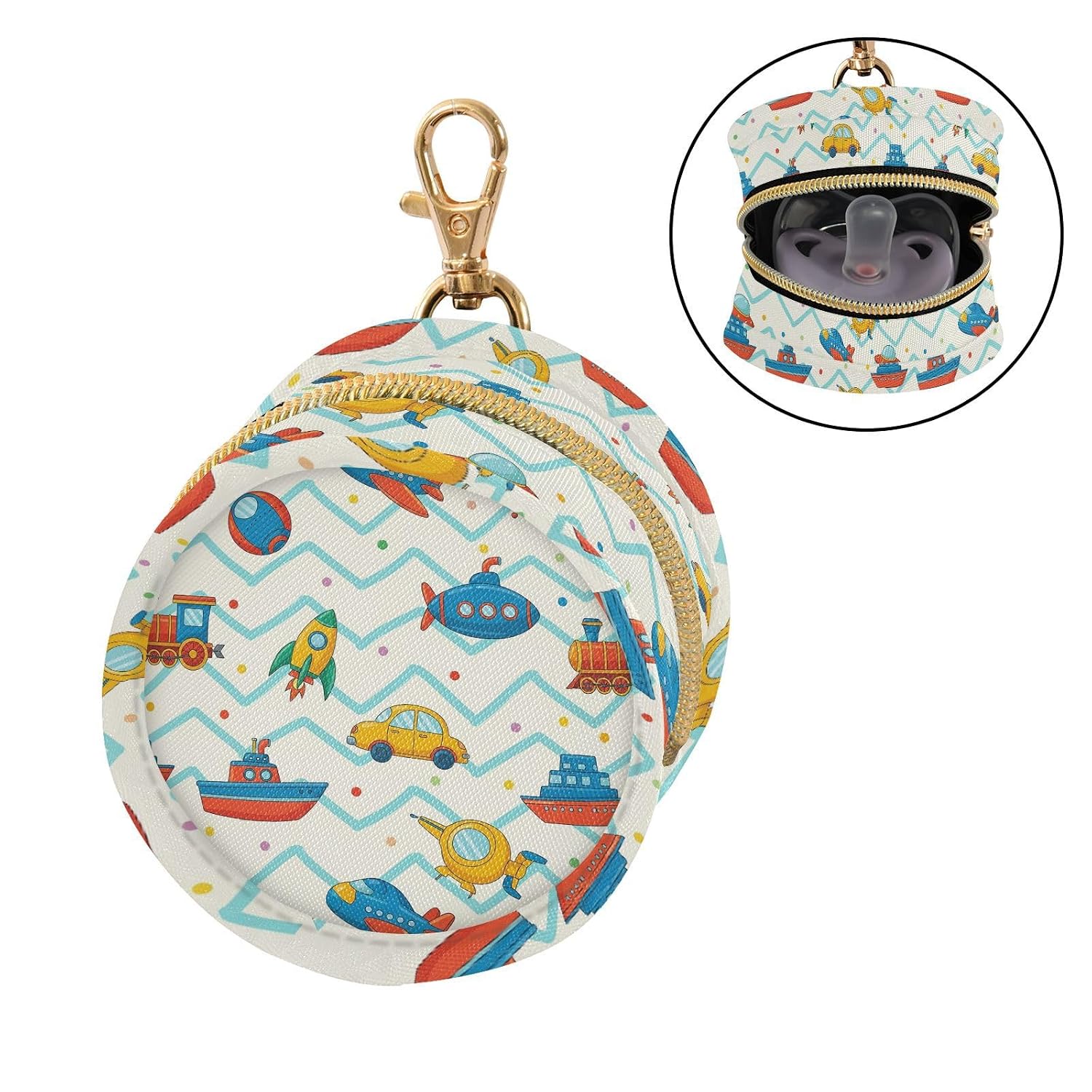 Colorful Toy Vehicles Spaceships Baby Pacifier Holder Case with Clip Portable Pacifier Storage Organizer Round Container Pouch Box Fits Diaper Bag Stroller Purse image 2