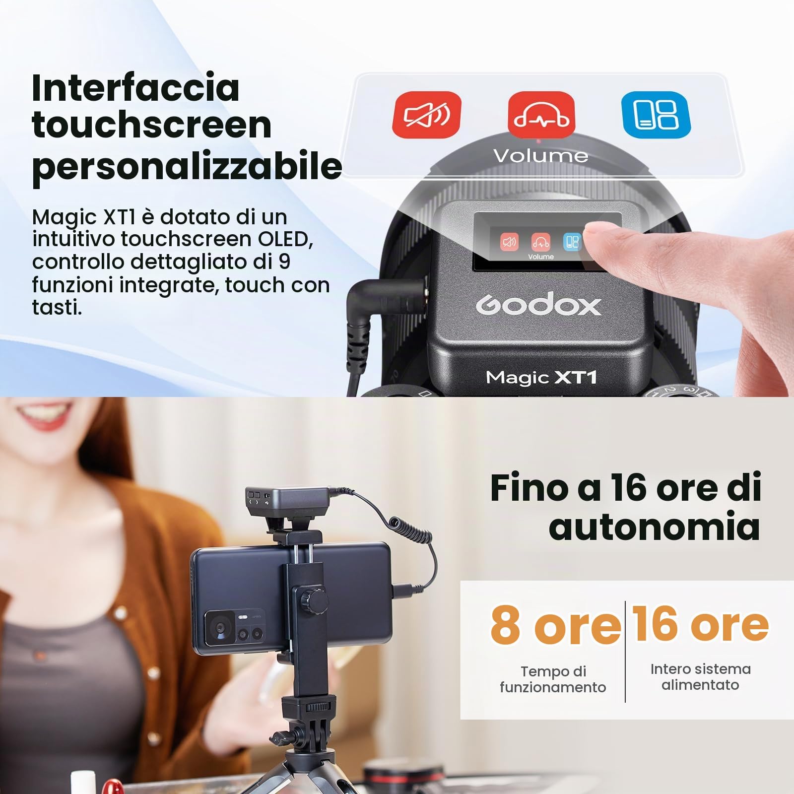 GODOX Magic XT1 Microfono lavalier wireless per fotocamera,Android,iPhone15,PC,ricevitore touchscreen,cancellazione del rumore,sistema microfono wireless 2.4G con portata di 200 m (656 piedi)