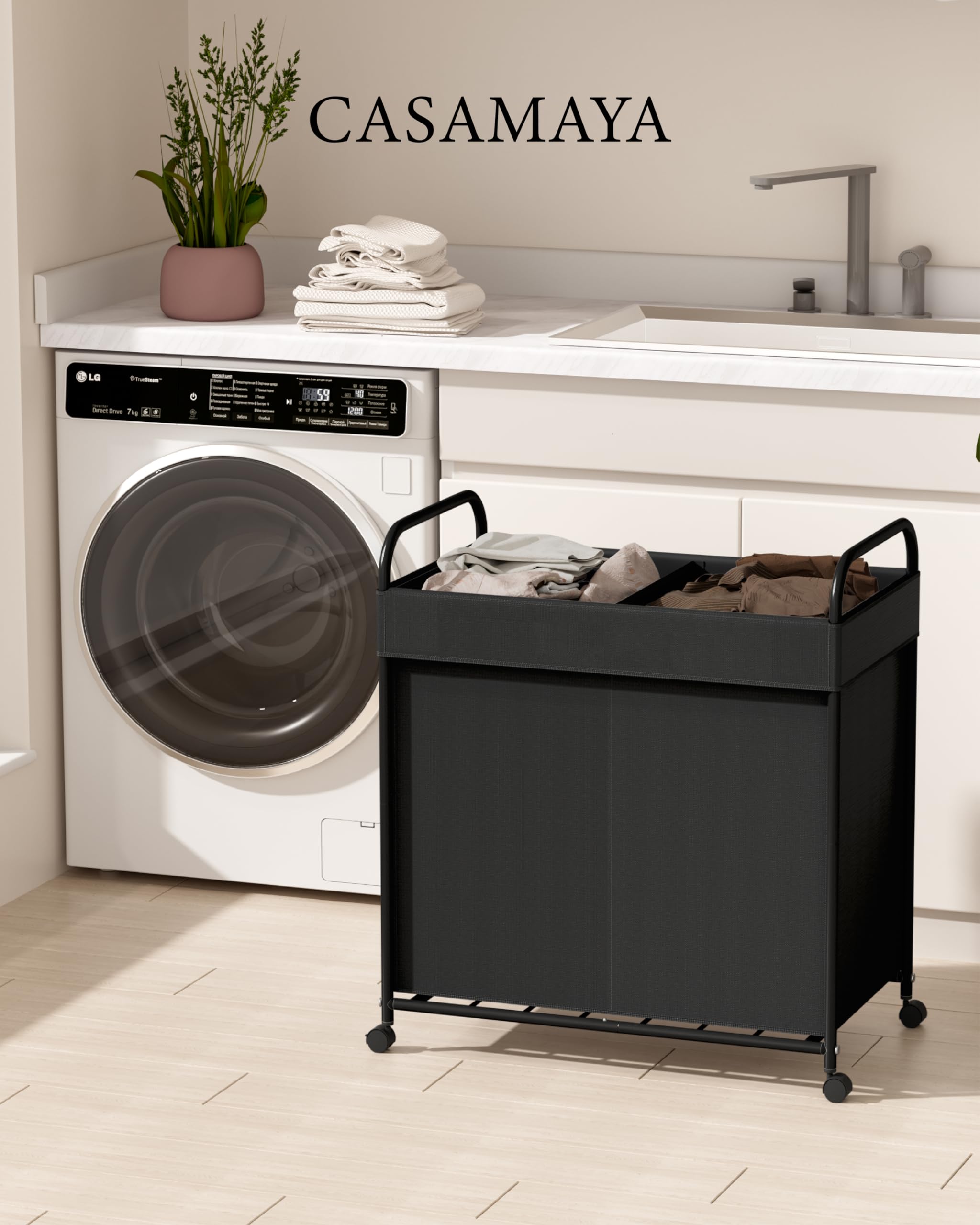 Laundry Basket with Wheels, 2-Section Rolling Laundry Hamper, Laundry Sorter with Removable Liner, Steel Frame with Handle, 95L, 23.6 x 13 x 25.2 Inches, Black, LHC120B01