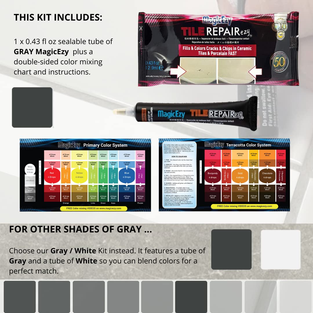 MagicEzy Tile RepairEzy (Gray): Porcelain Tile Repair Kit - Fix Cracked or Chipped Ceramic Tiles Fast - Structural Repair Filler Putty - 0.43 floz