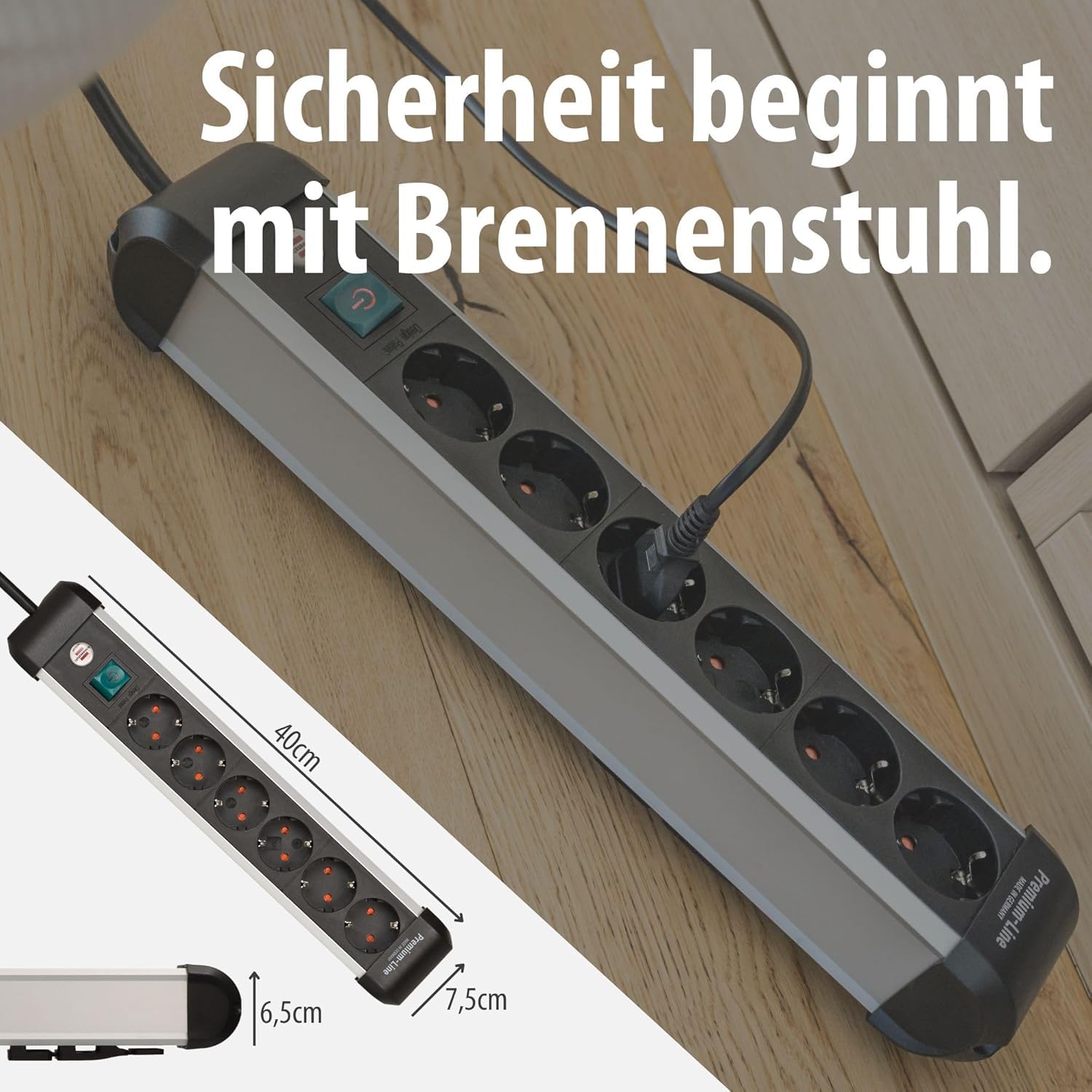 Brennenstuhl Premium-Alu-Line Steckdosenleiste/Steckerleiste aus hochwertigem Aluminium, Mehrfachsteckdose mit Schalter und 3m Kabel (6-Fach Steckdosenleiste | 5 Stück)