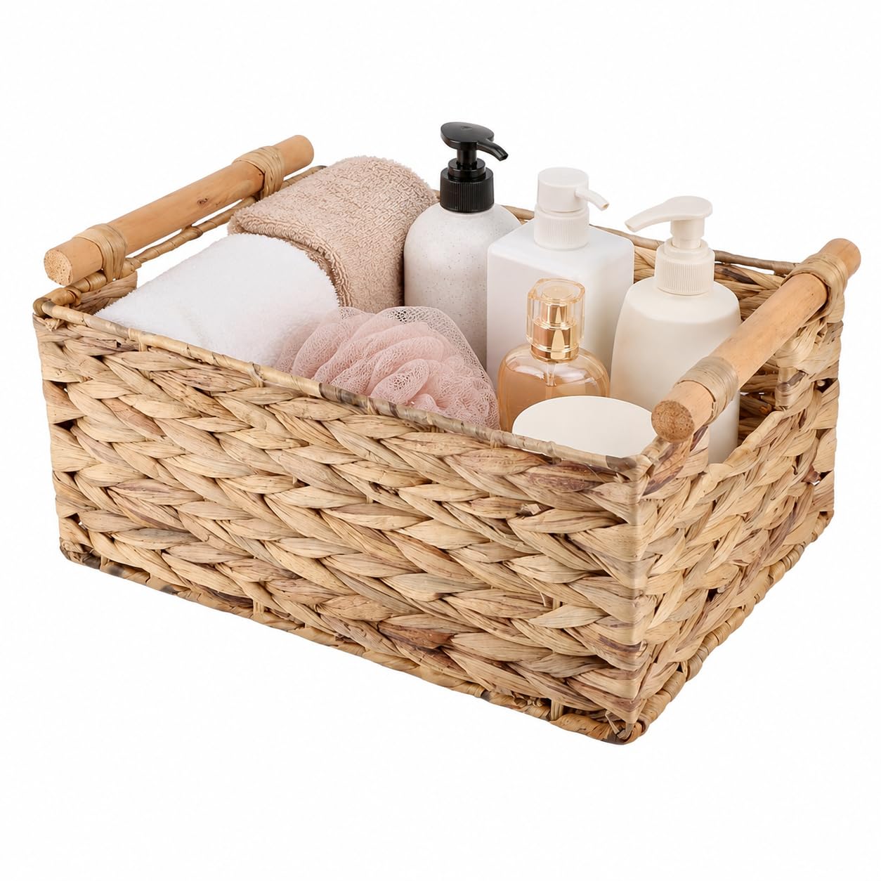 Aboiledy Wicker Storage Basket with Wooden Handles, Water Hyacinth Shelf Basket for Home Organisation
