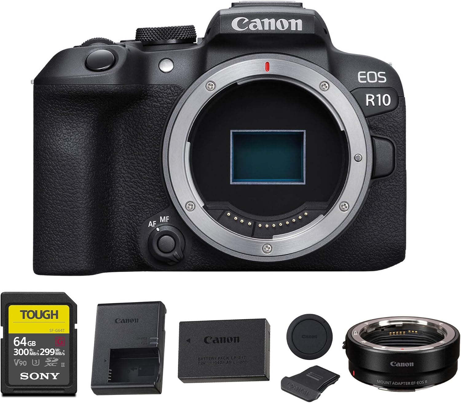 Canon EOS R10 Mirrorless Camera – Compact APS-C RF-Mount Camera with 24.2MP Sensor, 4K Video & Dual Pixel CMOS AF II (5331C002) + Canon Adapter EF-EOS R + 64GB Memory Card + Shoulder Bag