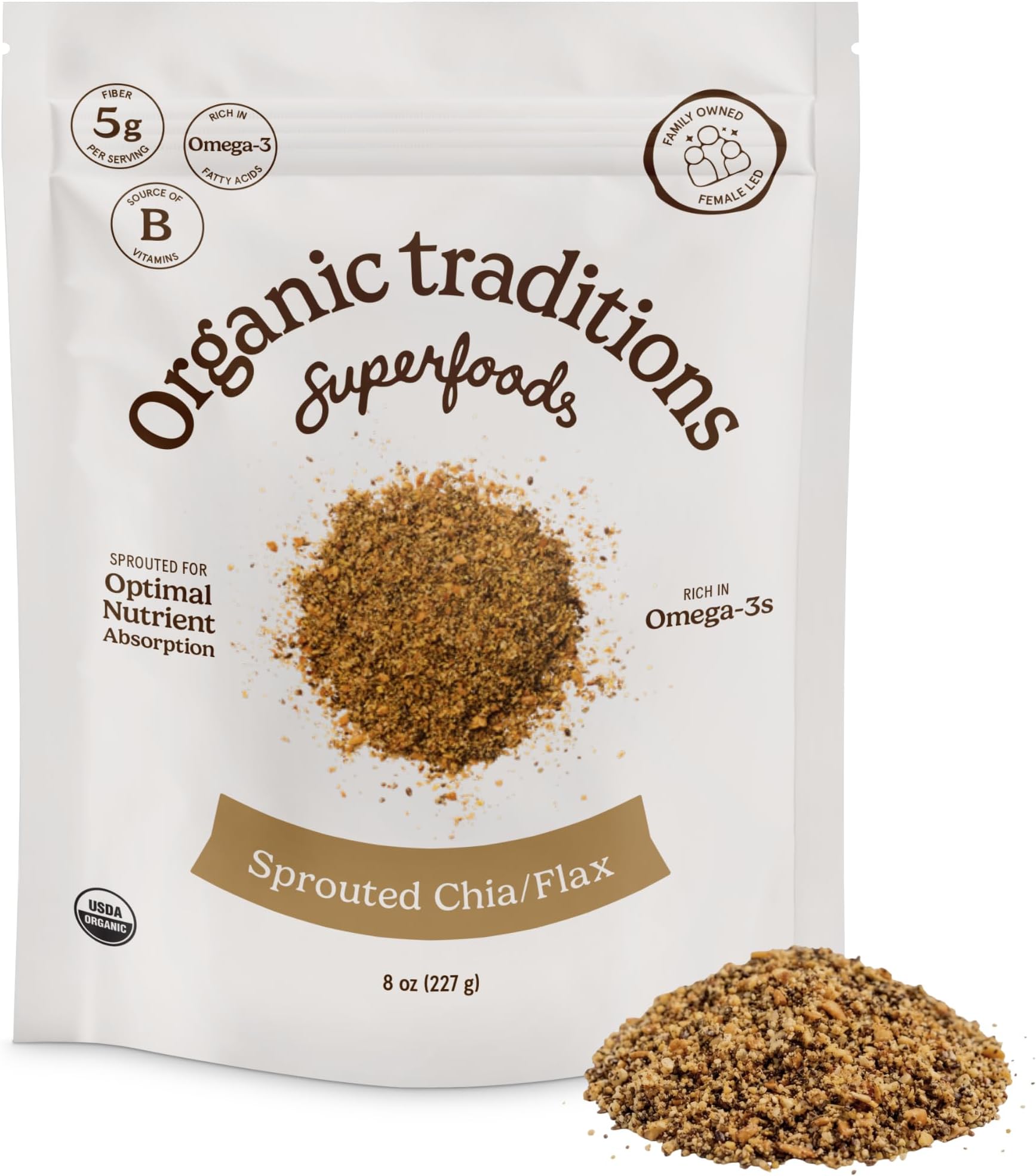 Organic Traditions Sprouted Chia Flax Seed Powder Blend, Non GMO, 8oz