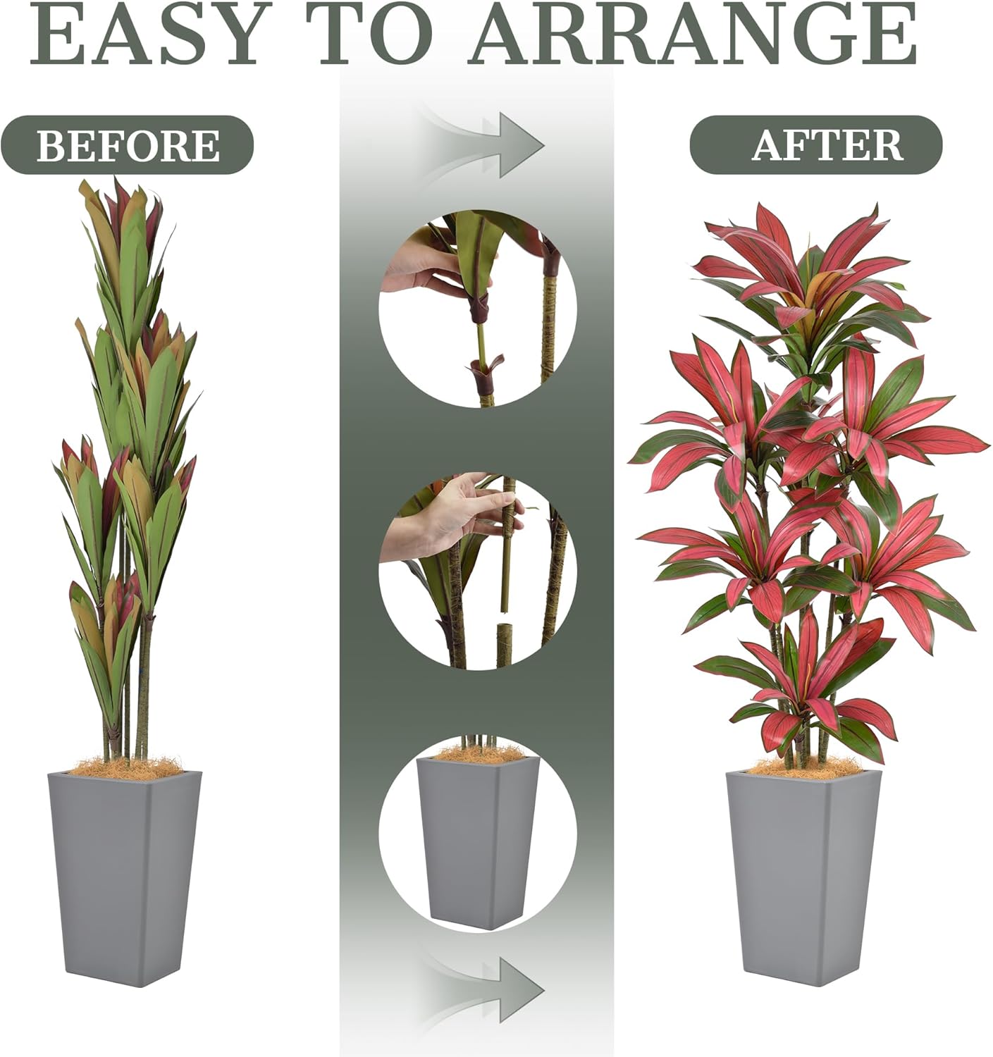 6FT Artificial Dracaena Tree - 72in Faux Dracaena Tree with Gray Planter, Realistic Trunk & Lifelike Red Foliages, Tall Fake Tropical Floor Plant Potted for Home Office Living Room Indoor Decor - Image 7