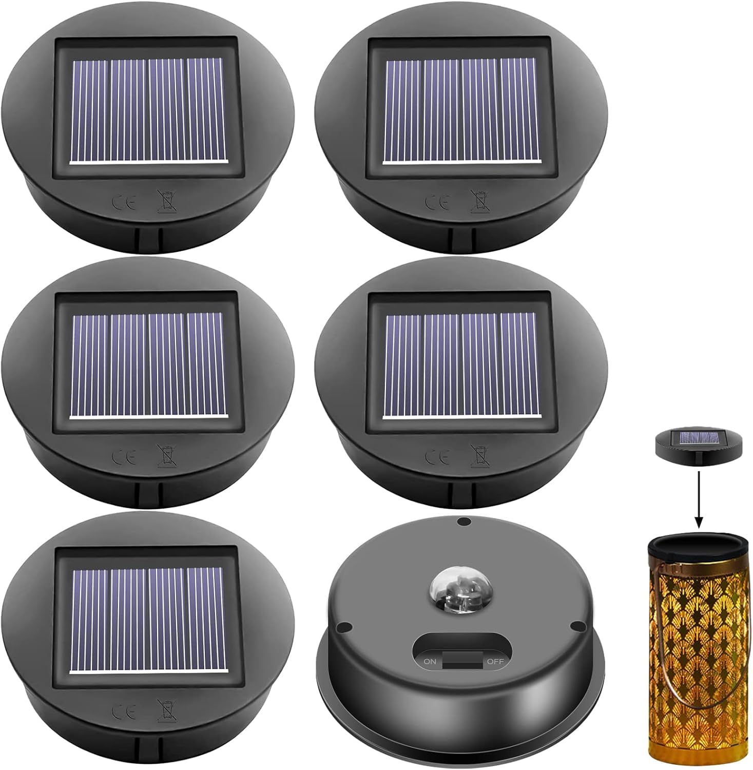 Pack of 6 Solar Lights Replacement Parts: φ8 cm Solar Lights Replacement Top with Bright LED, IP65 Waterproof Solar Panel Hanging Lantern Replacement Top, Solar Panel Replacement Part for Solar