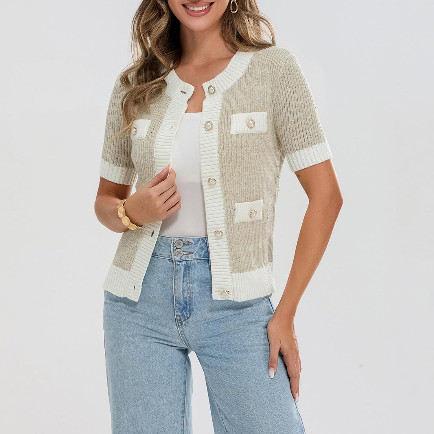 Womens Short Sleeve Button Down Cardigans Sweater Cropped Lightweight Crew Neck Elegant Knit Tops with Pockets - Image 3