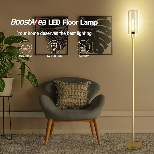 Miniatura 9 de BoostArea Lámpara de pie para sala de estar, lámpara de pie moderna con pantalla de vidrio semillado, lámpara de pie de diseño simple lámpara de